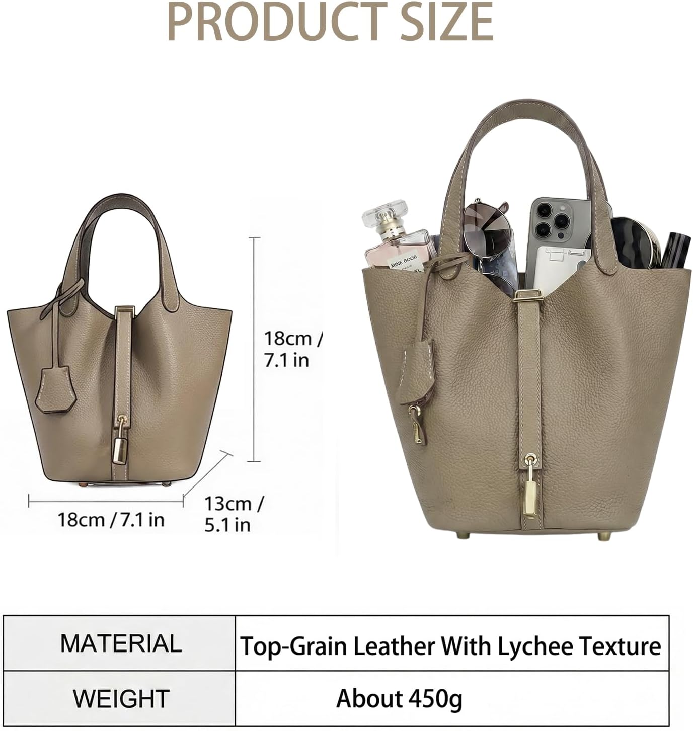 Genuine Leather Lock Design Bucket Bag for Women, Vegetable Basket Fashionable Versatile Handbag (Grey) - Image 5