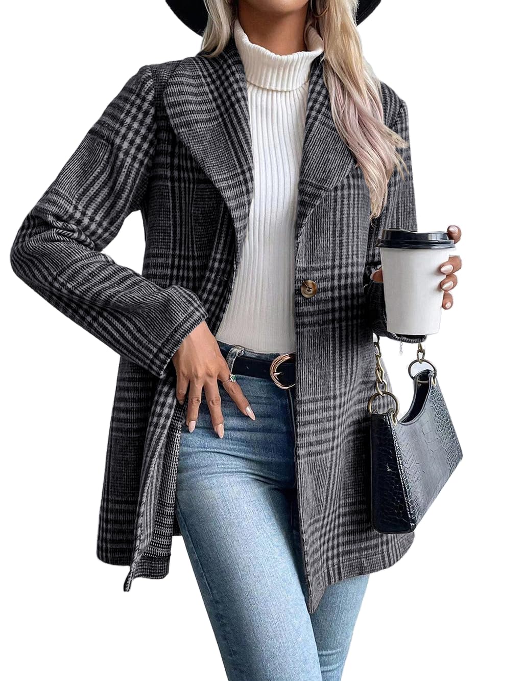 IDEALSANXUN Blazer long en laine à carreaux pour femme - Tenue d'automne - Trench d'hiver à manches longues - Décontracté - Veste habillée à revers - Caban