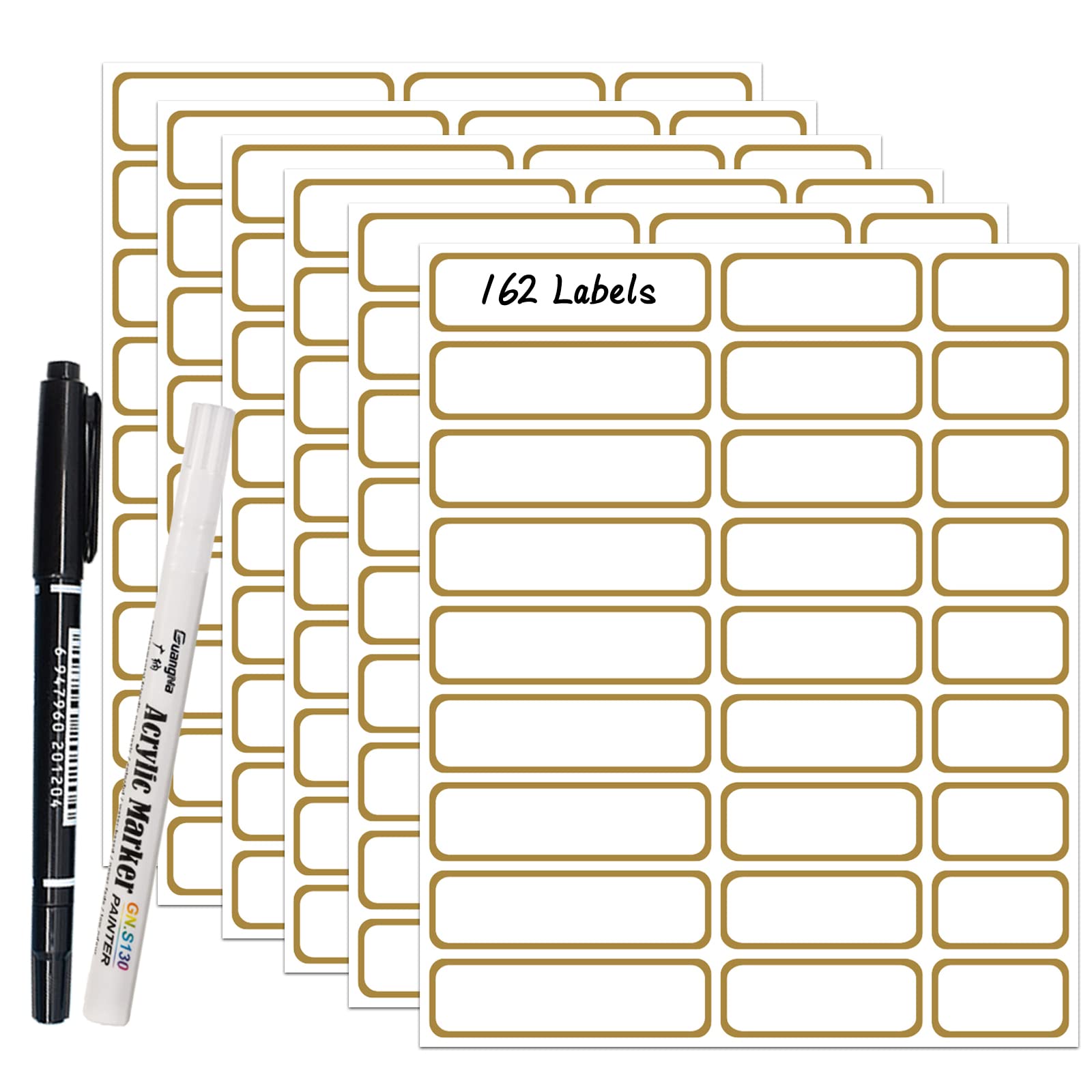 JaoNanl 162pcs Transparent Label Stickers with Gold Border, Waterproof Self Adhesive Rectangular Shape Jar Labels with 2 Markers, Removable Kitchen Spice Labels for Storage Boxes, Food Containers — image 1