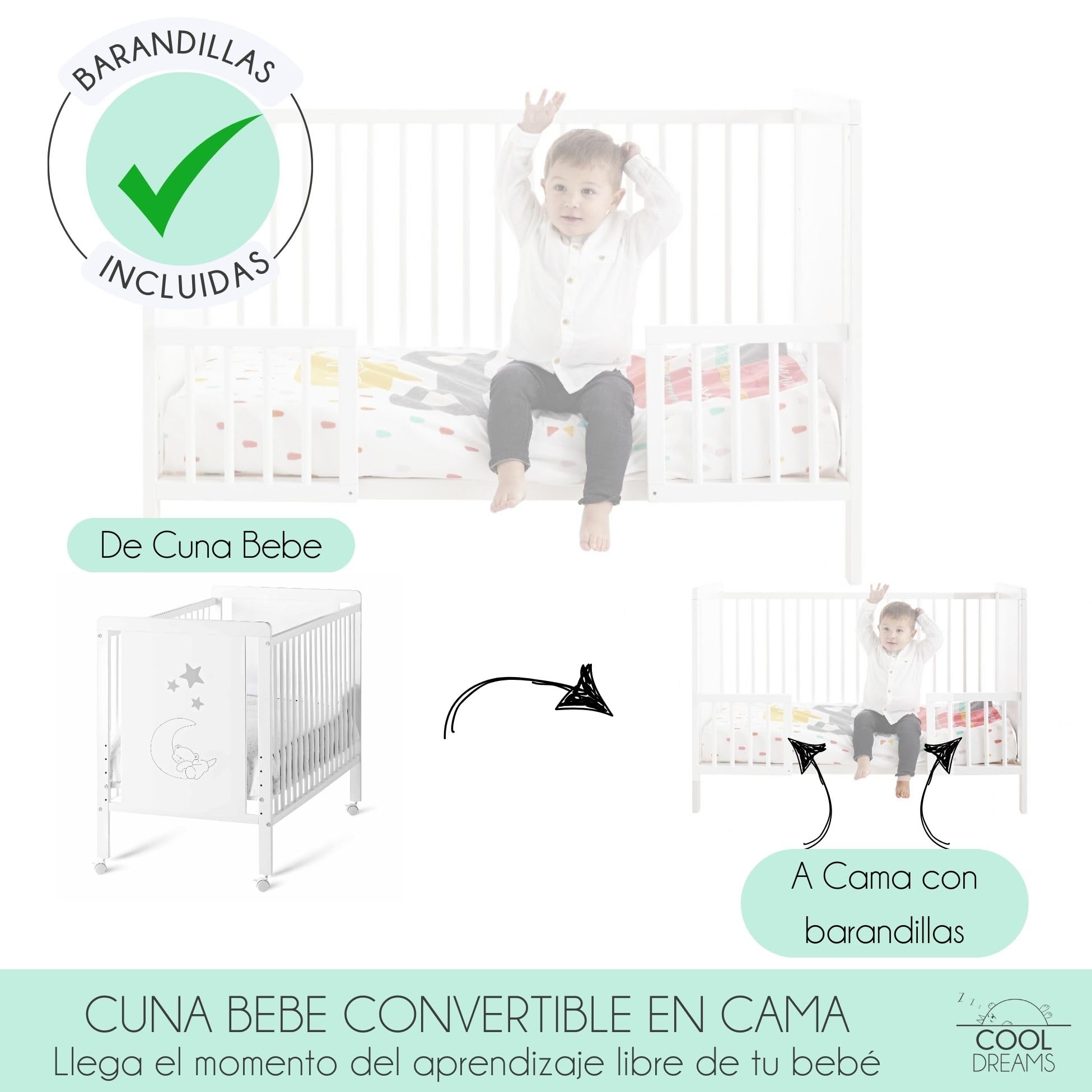 Cuna Evolutiva Madera Colchón Morfeo y Protector Colchón | Indi CoolDreams | Estilo nórdico, color blanco. Barandillas incluidas para convertirla en cama. Funda de colchón impermeable.