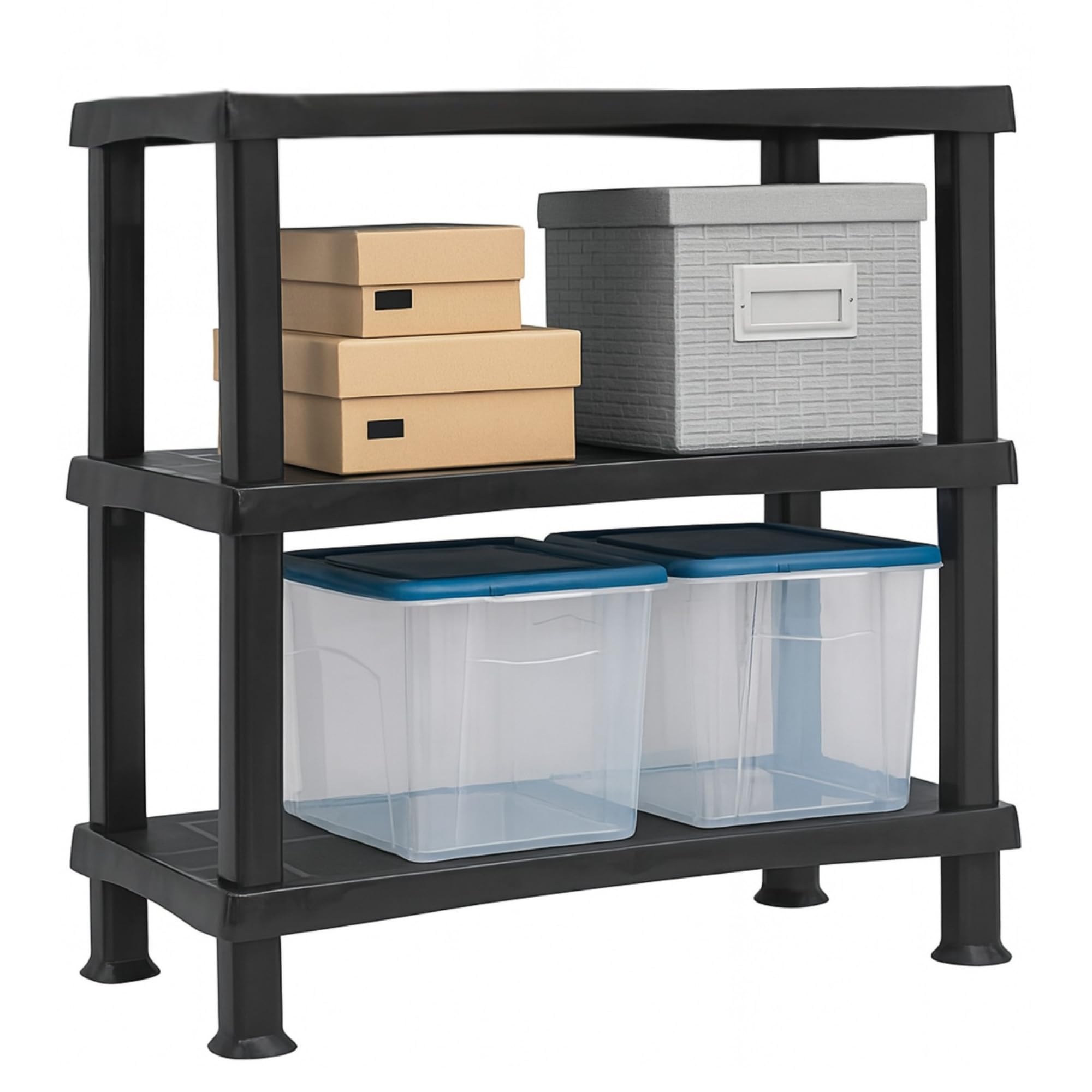 SIDSONS - 3 Tier Plastic Black Shelving Storage Unit - Free Standing Racks - Each Shelf Can Hold Up to 25kg - Heavy Duty Organizer Rack for Home & Office - (1x, Black - 3 Tier Shelf)
