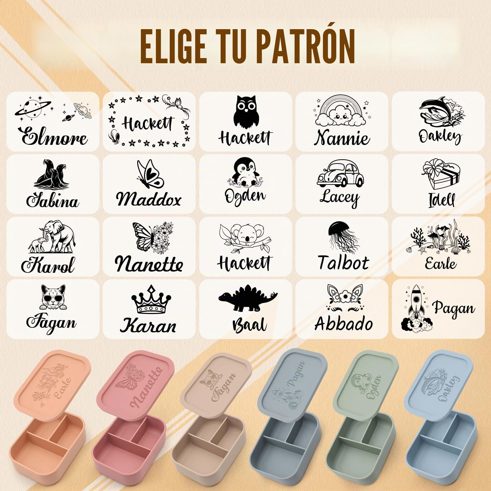 Fiambrera Bento Personalizado, Fiambreras de Silicona con Nombre, 20 patrón | Fiambrera Bento de Silicona de 3 Compartimentos Personalizada, Fiambrera de 800 ml, para Microondas Lavavajillas Antiderrames