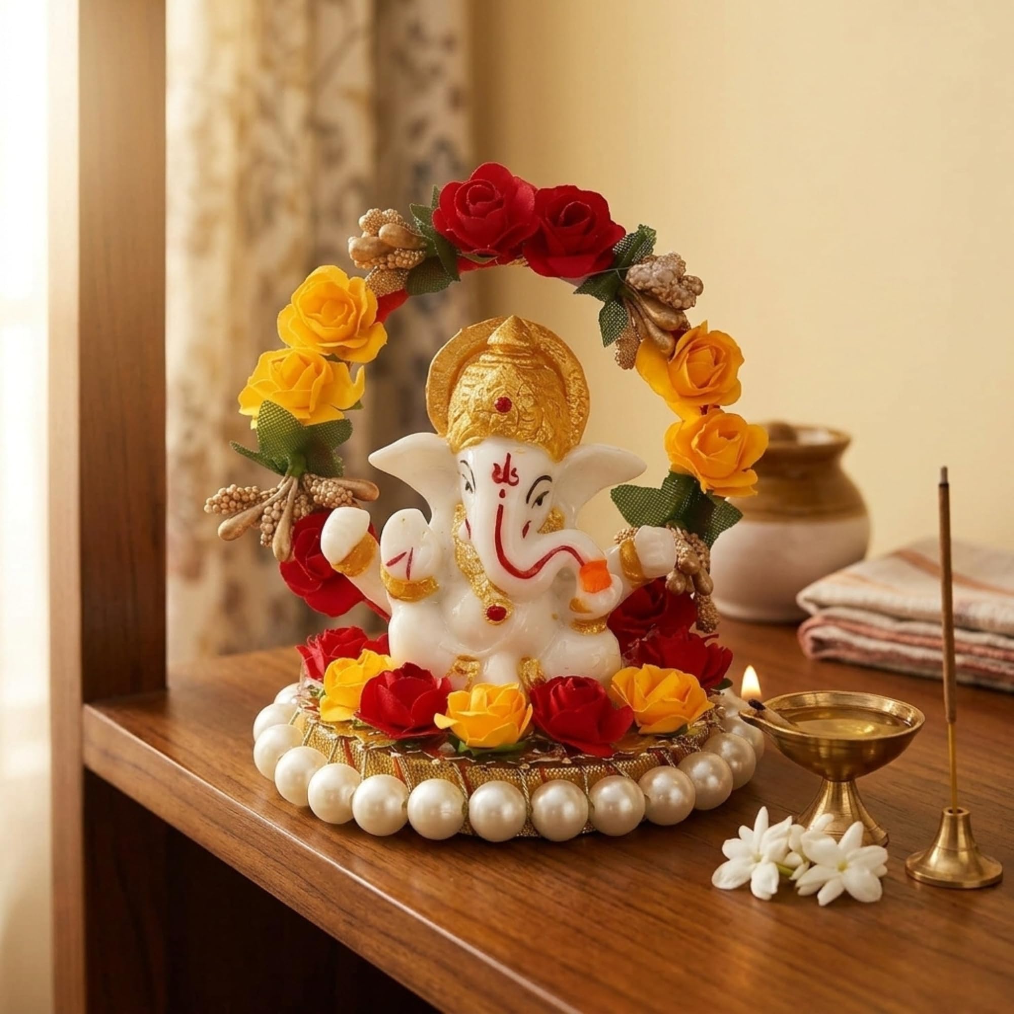 eCraftIndia Resin Lord Ganesha Idol On Decorative Rose Flower Plate| Ganesha Idol for Home Decor Car Dashboard| Ganesha Statue| Ganesh Murti| Ganpati Murti God Statue Gift for Diwali Housewarming-picture-11