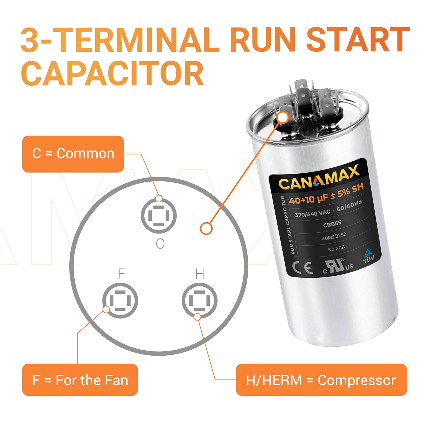 40+10 uf/MFD 50/60 Hz 370-440 VAC (3~80 uF Options Available) Round Start Capacitor - Compatible with AC Motor Run or Fan Start and Cool or Heat Pump Air Conditioner - C34010 C34010R 12246 100335-50