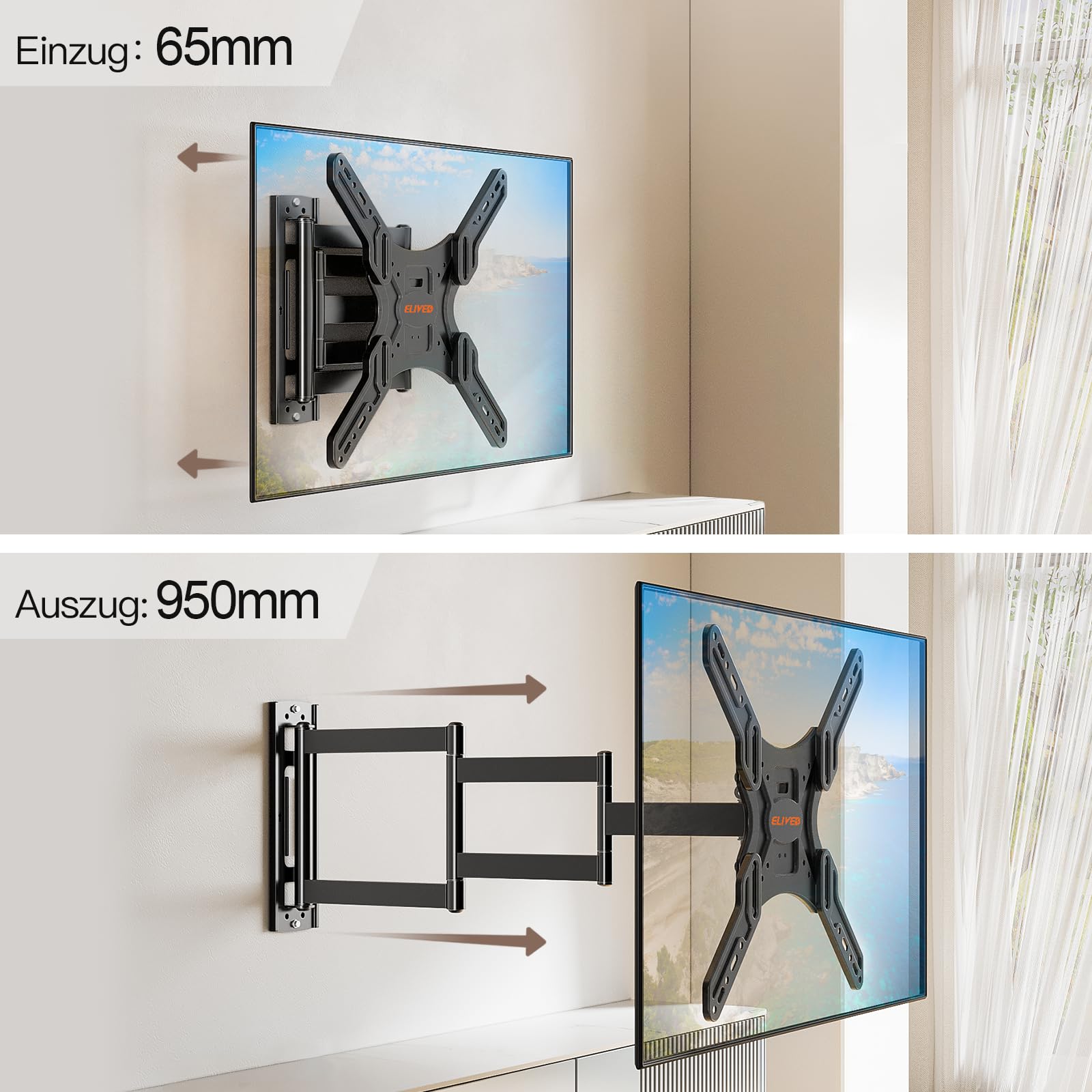 ELIVED Lang Arm TV Wandhalterung für die meisten 26-65 Zoll Fernseher, Eck TV Halterung Ausziehbar 950mm, Max. VESA 400x400mm, Hält bis zu 35KG, EV3018