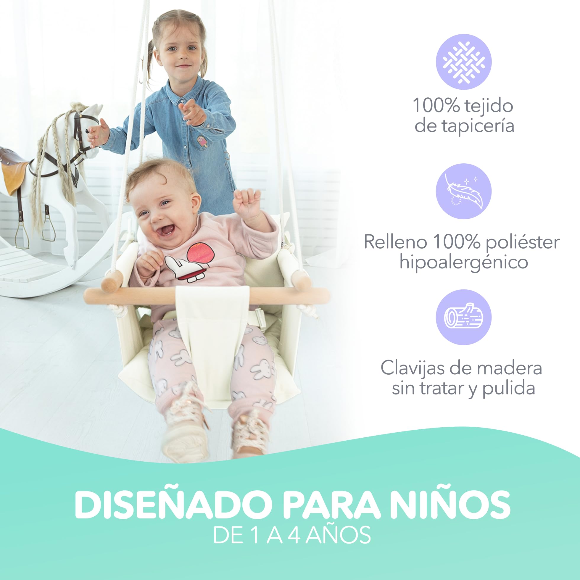 CaTeam - Columpio de Lona para bebé, Silla de Columpio Colgante de Madera con cinturón de Seguridad, Silla de Hamaca Duradera para bebé, Columpio para Exteriores e Interiores para niños, Marfil