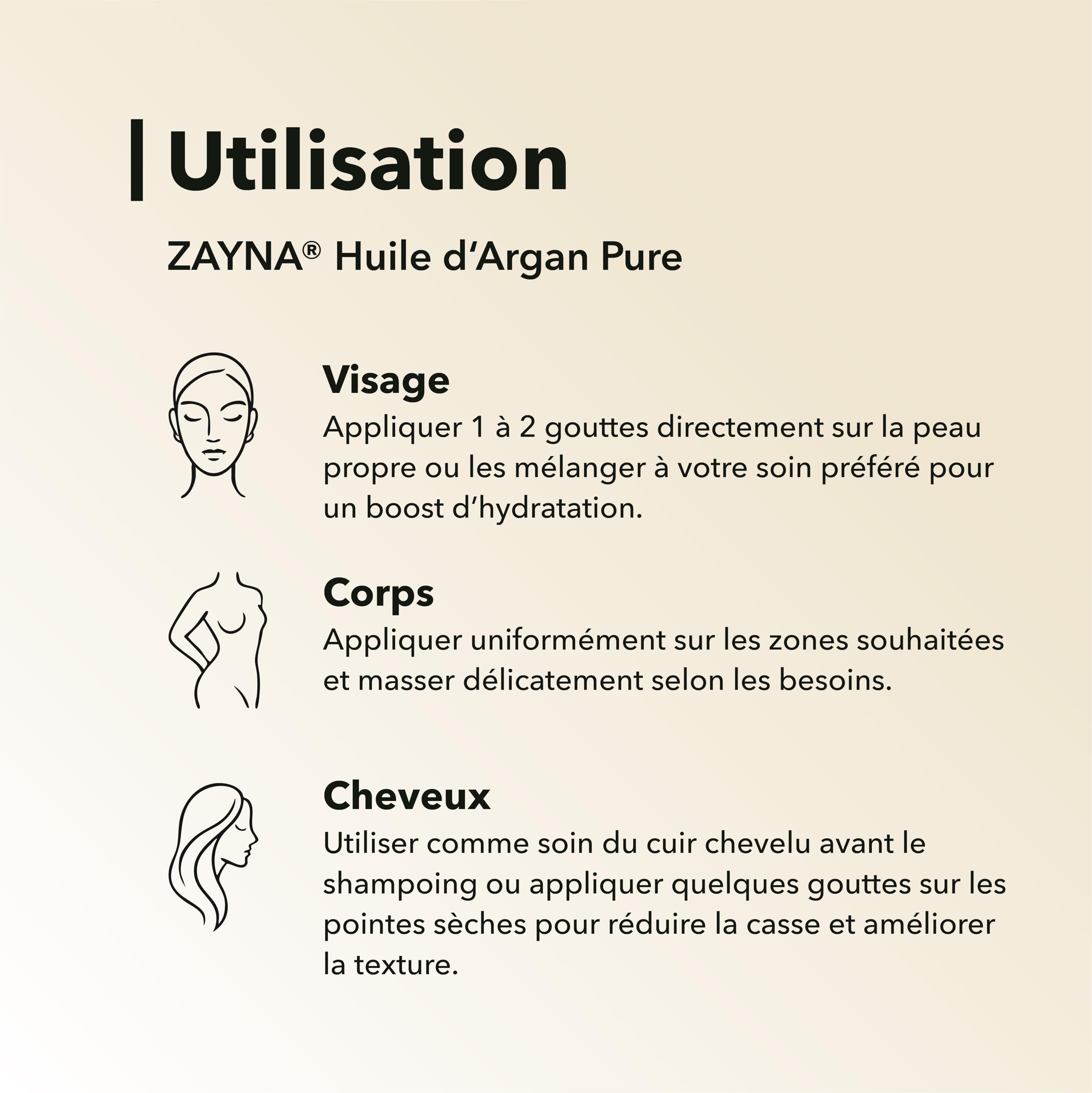 ZAYNA Huile d’Argan Pure et Bio 100 ml | pour cheveux, visage & corps | huile d’argan 100% pure pressée à froid du Maroc | testée dermatologiquement, riche en vitamine E | Conditionnée en Suisse.