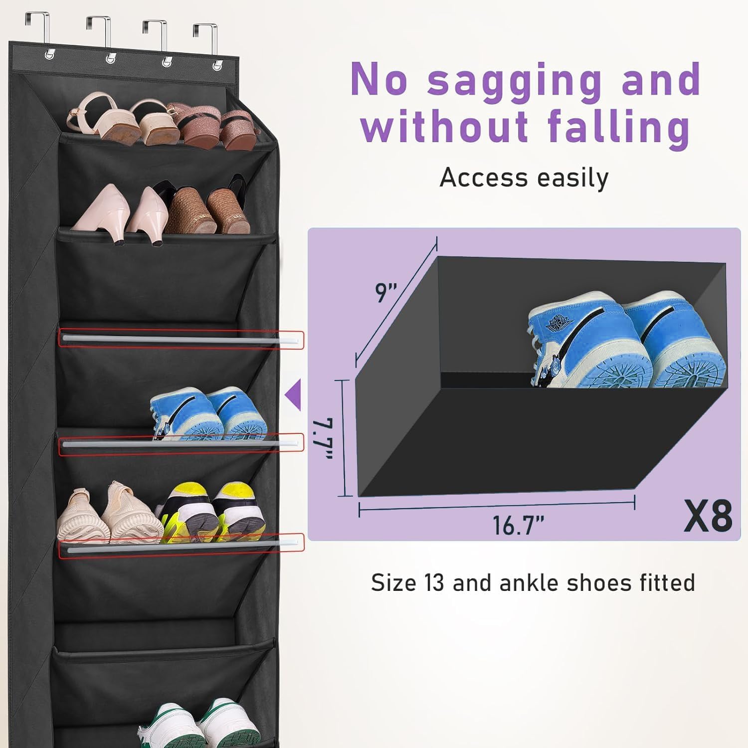 MISSLO 8 Shelf Over Door Shoe Organizer, Hanging Shoe Rack with Deep Pockets Back of Door Storage fits 20 works - Image 4