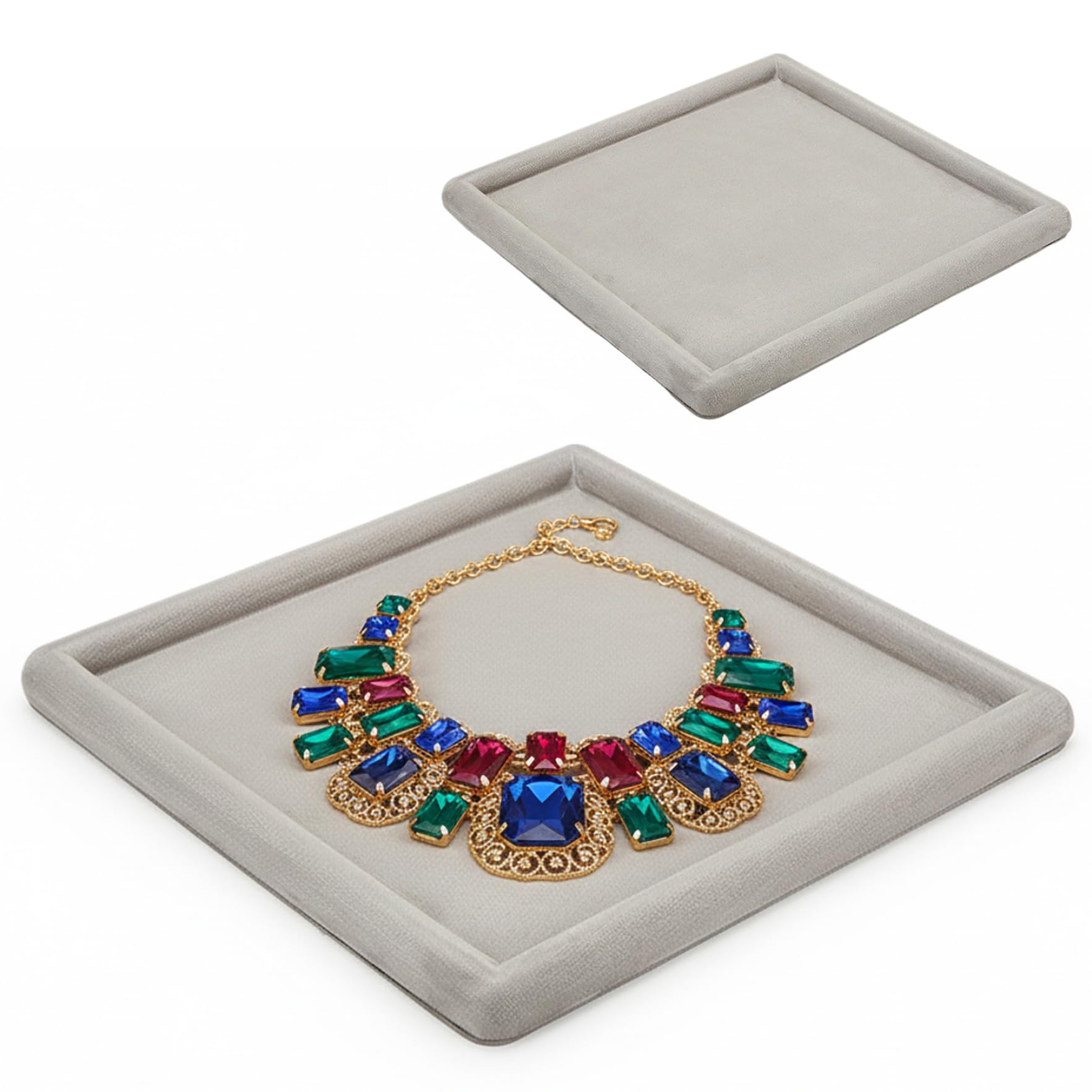 Plateau à bijoux empilable carré en velours gris pour boucles d'oreilles