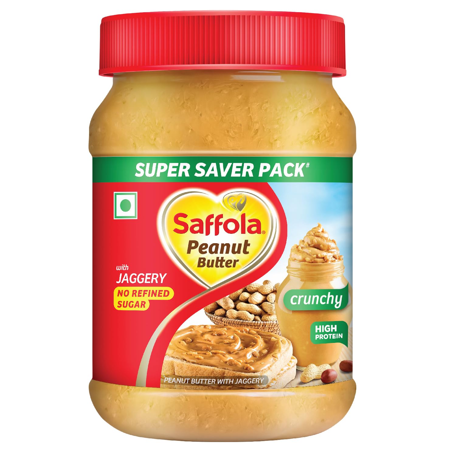 Saffola Peanut Butter with Jaggery, Crunchy 850 gm | High Protein Peanut Butter | No Refined Sugar