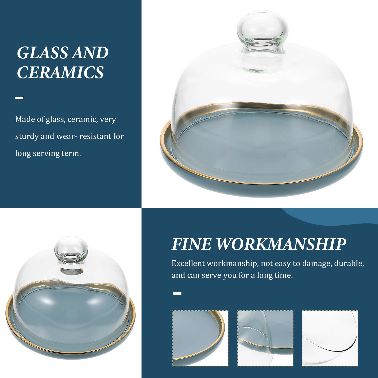 Uonlytech Cúpula de Cristal con Bandeja para Tartas y Postres, Soporte para Tarta de Boda en Vidrio Azul, Mantiene Frescura y Protege Alimentos en Celebraciones