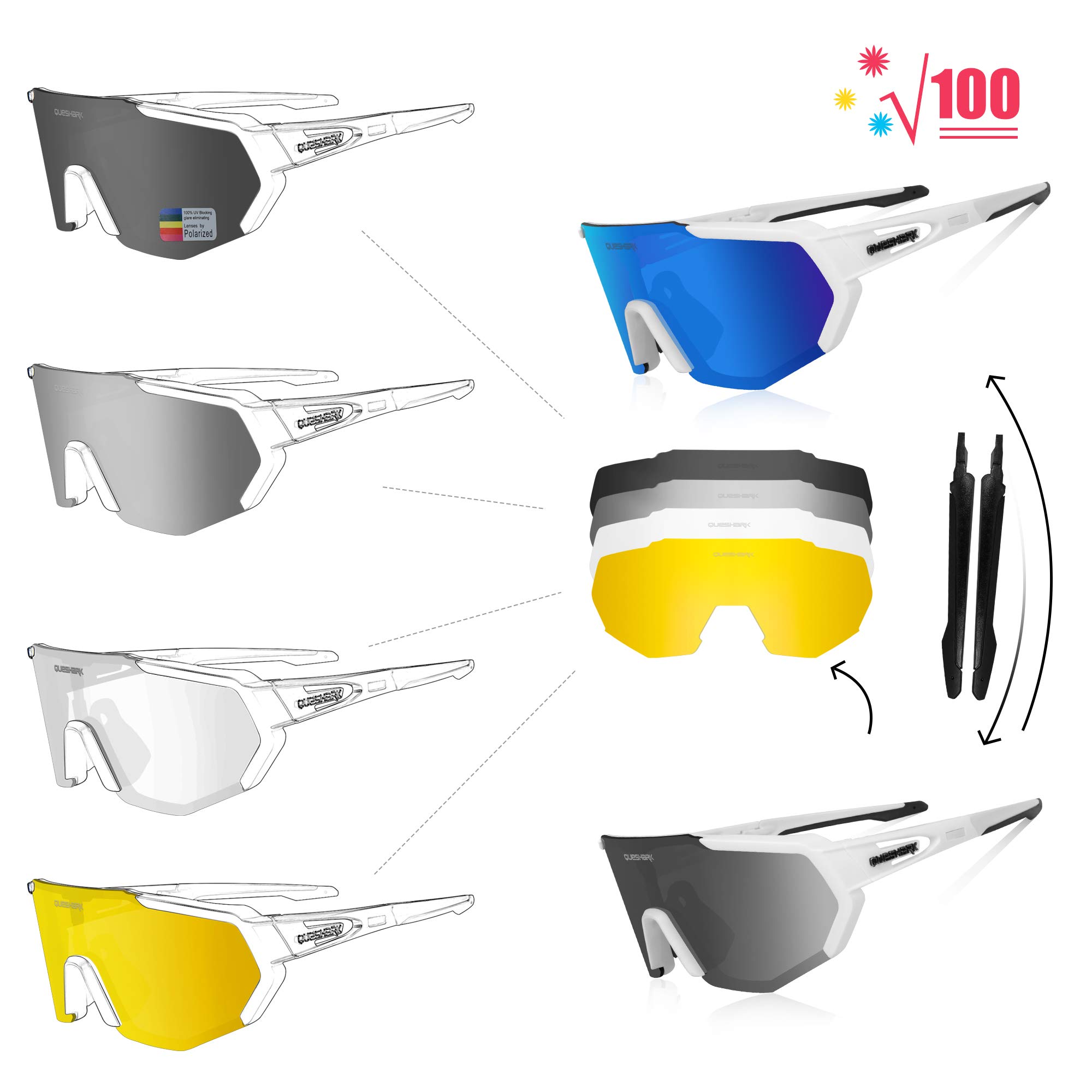 Queshark Polarizzati Anti-UV con 3 o 5 Lenti Occhiali da Ciclismo Bici MTB Intercambiabili per Sport Uomo Donna Guida Pesca Golf Baseball Corsa