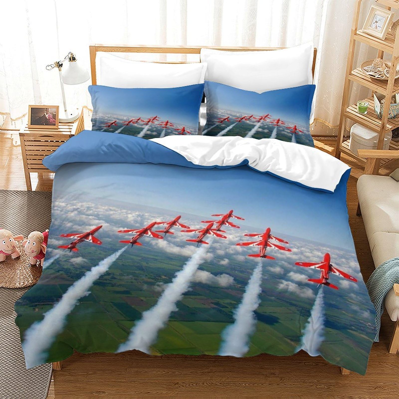 LILIlaobiao 3D Air Show Duvet Cover With Hidden Zipper, Red Arrows Plane Quilt Cover with Pillowcases, Air Show Bedding Set Soft Microfiber for Kids Adults King（220x240cm）