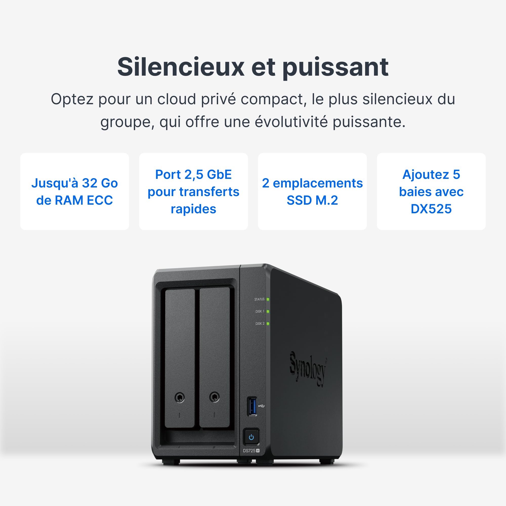 SYNOLOGY DS725+ – NAS à 2 Baies avec Port 2,5 GbE, Extensible jusqu'à 7 Baies