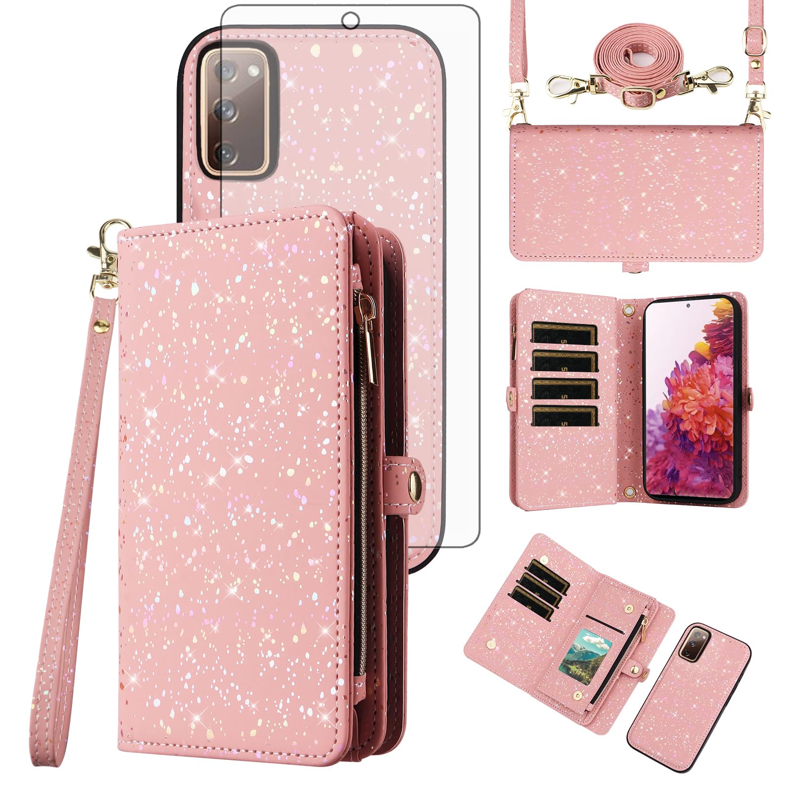 Asuwish Phone Case for Samsung Galaxy S20 FE 5G 6.5 inch Wallet Magnetic Detachable Cover with Screen Protector and Glitter Flip Slot Cell S 20 EF UW