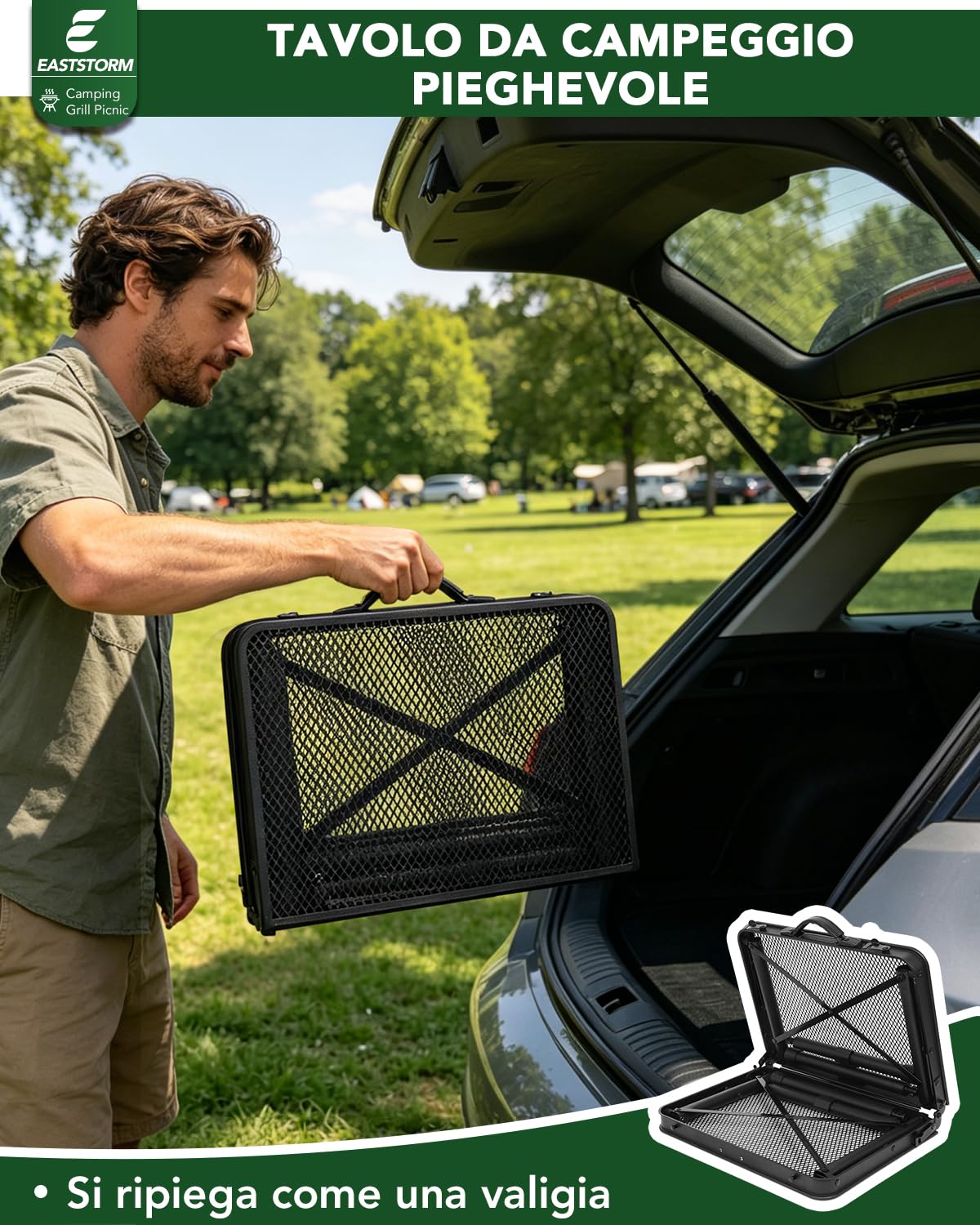 E EASTSTORM Tavolino Pieghevole da Campeggio, Tavolo Barbecue con Griglia in Metallo, 2 Regolabili in Altezza Portatile per Picnic Giardino Balcone Mercato Grigliato Spiaggia
