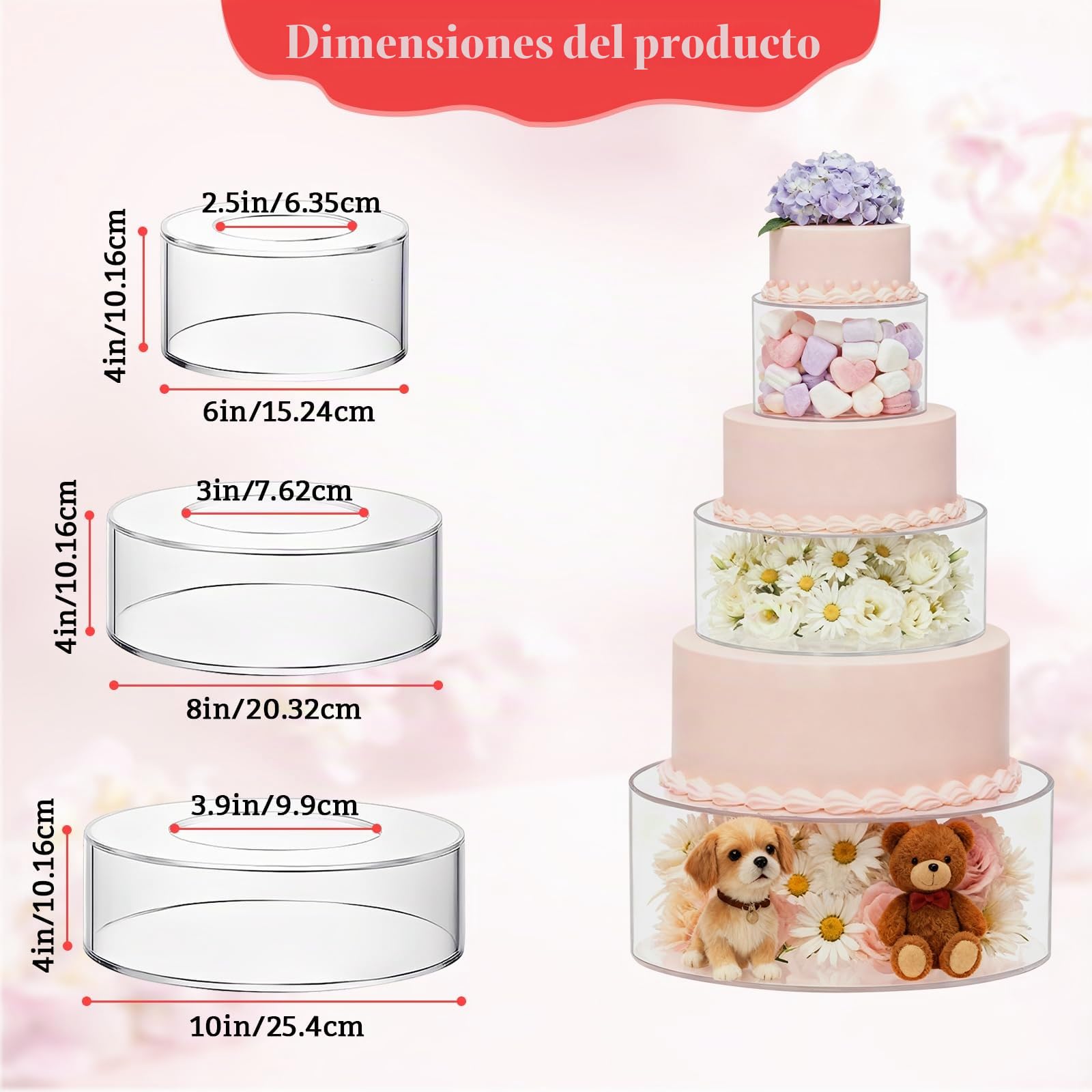 3 Piezas Soporte para Tartas de Acrílico, Bandeja Redonda Transparente Rellenable para Tartas con 3 Tiras de luz LED para Bodas, Cumpleaños y Fiestas.
