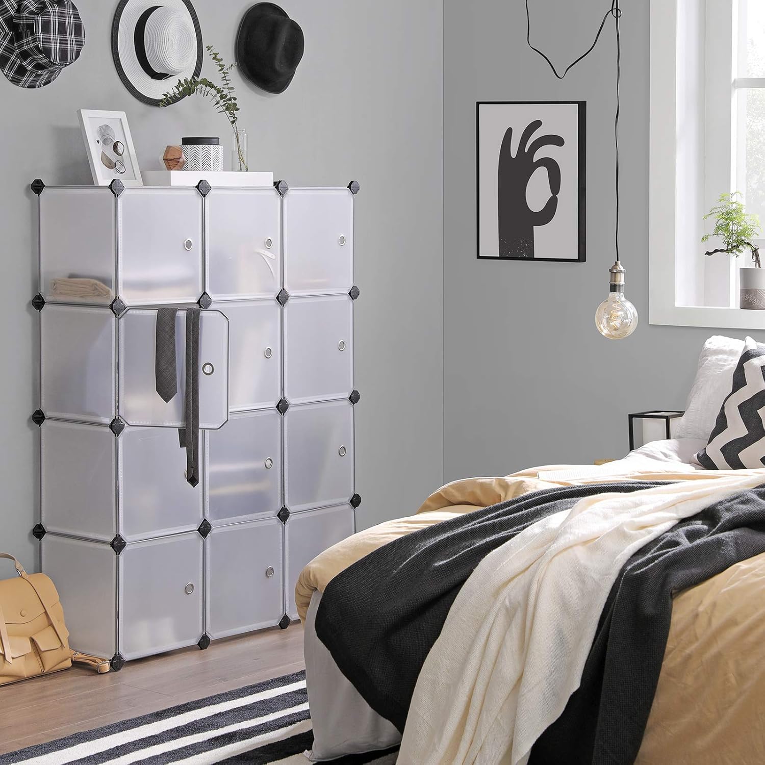 Storage system in a bedroom setting