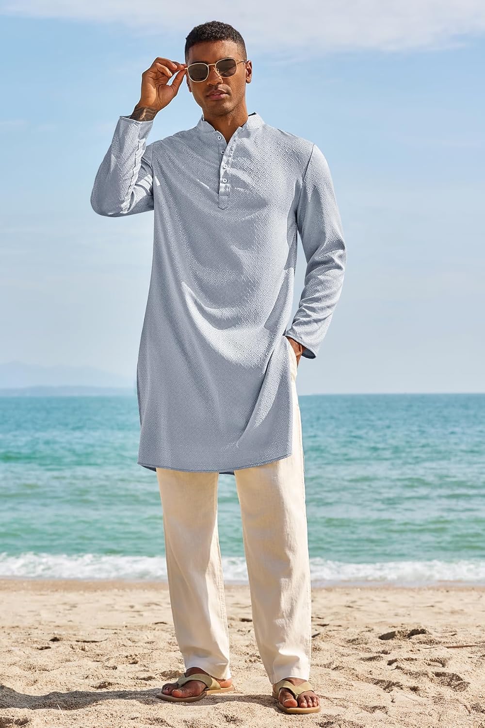 Runcati Mens Kaftan Thobe Textured Henley Shirt Long Sleeve Robe Casual Muslim Gown Shirt - Image 5