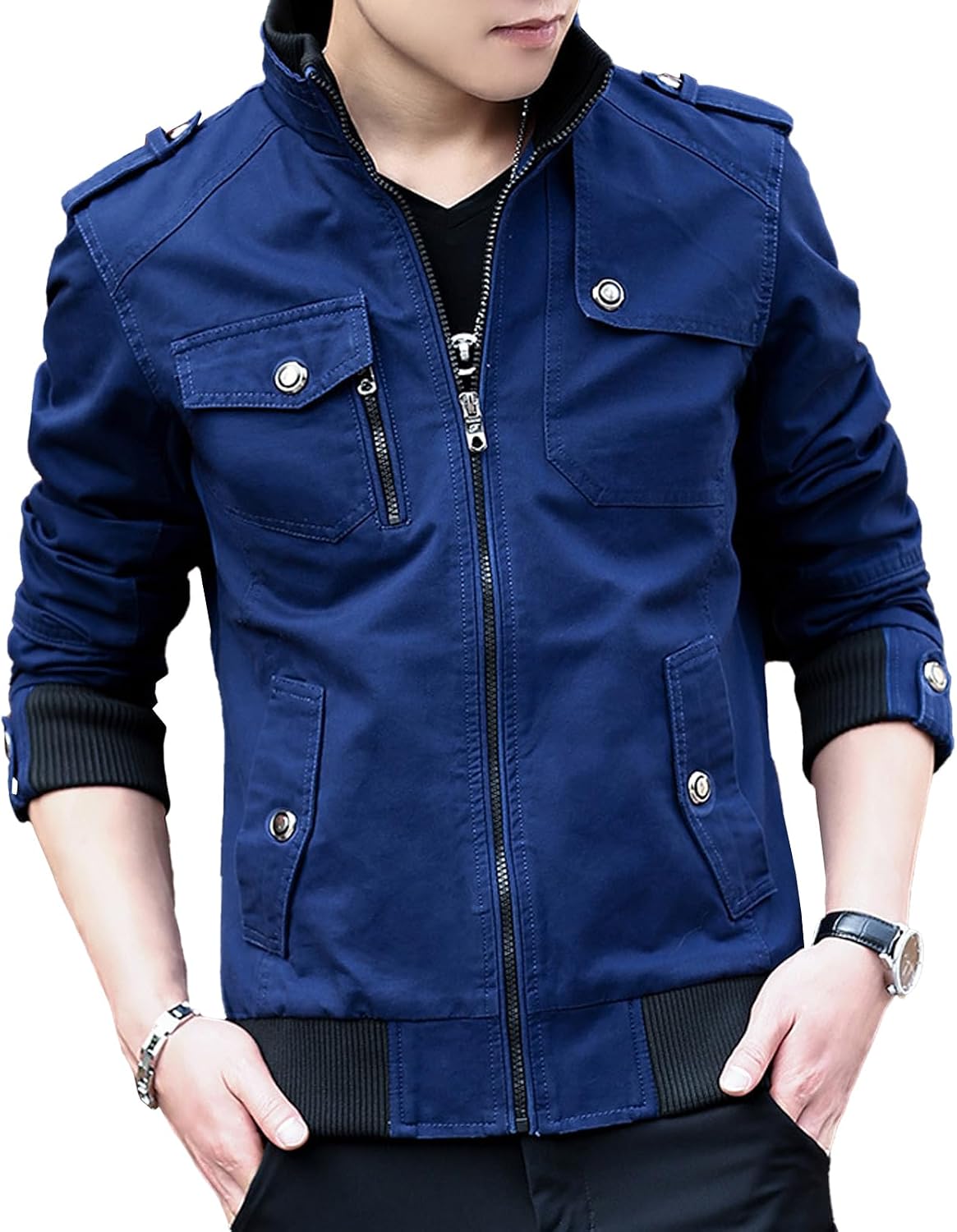 Mens Casual Windbreaker Outerwear Cotton Coat Lightweight Jackets Casual Military Jacket Stand Collar Bomber Jackets
