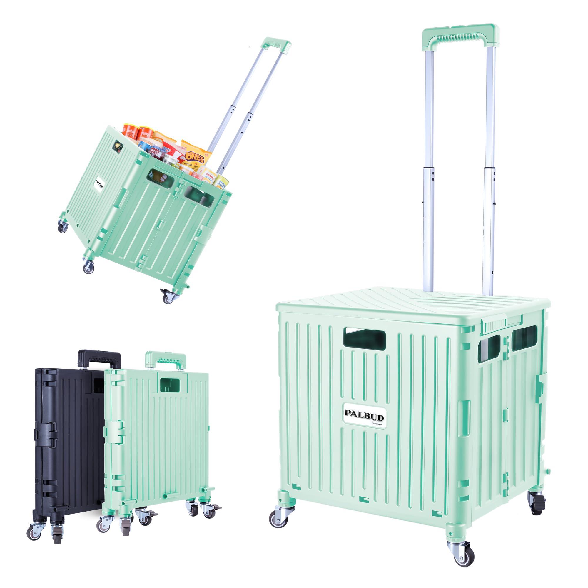 Folding Utility Cart Portable Rolling Crate Handcart Shopping Trolley Collapsible Tool Box, with Lid, Basket on 4 Rotate Wheels, for Grocery, Garden, Office, Storage, Teacher, Tool (Green)
