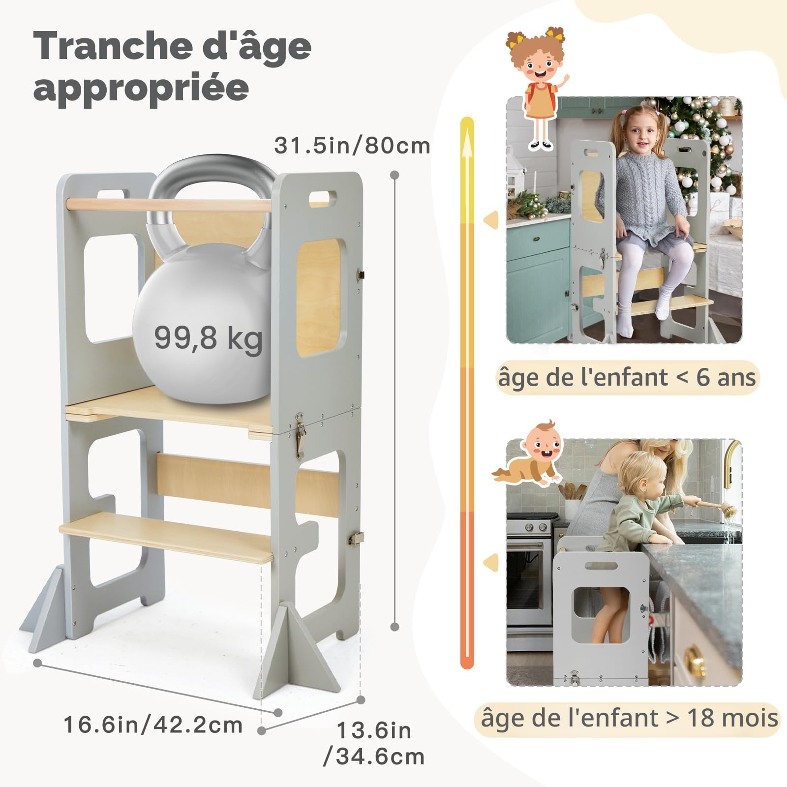 Labebe Tour d'apprentissage pour Enfants, Montessori Learning Tower avec Tableau Noir, Multifonction 3 en 1 Tour d Observation Pliable, Tour d'apprentissage à partir de 1an （Grau）