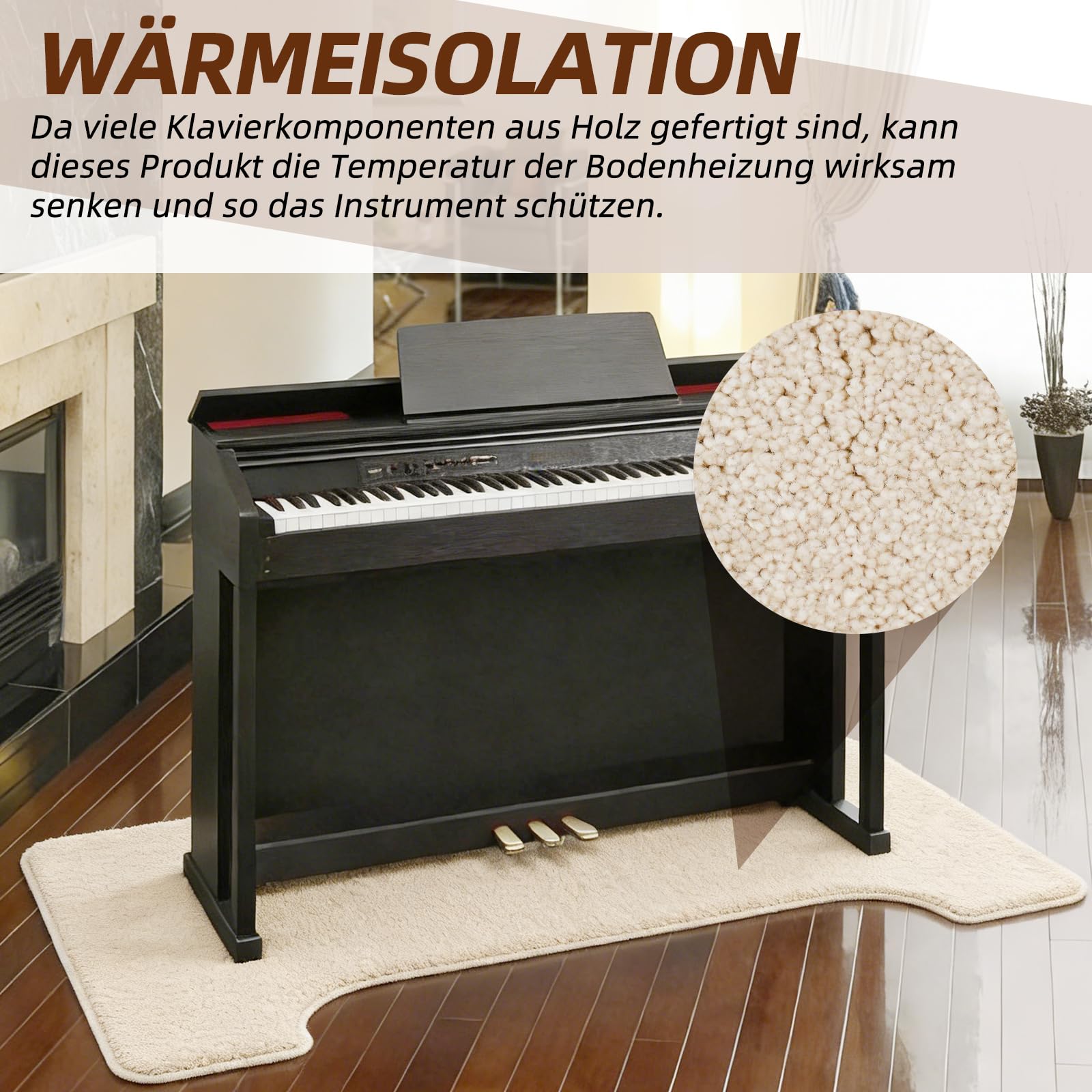 Klavierteppich 160x70 cm ， Schalldämmende & rutschfeste Klaviermatte zur Vibrationsdämpfung ， Unterlage für Klavier (Farbe: Khaki)