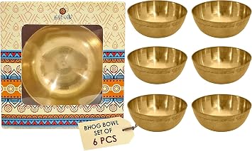 SATVIK Set of 6 Pure Brass Bhog Bowl Set for Pooja & Meditation | Indian Altar Supplies | Prasad Bowls for Diwali, Yoga, Buddhist Offering | Durable & Decorative Brass Katori