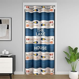 Boating Lover Oar Paddle Print Door Drape Curtain,Vintage Rustic Blue Wooden Stripes Blackout Curtain 42" W X 80" L,Lake House Doorway Curtain for Livingroom Decoration