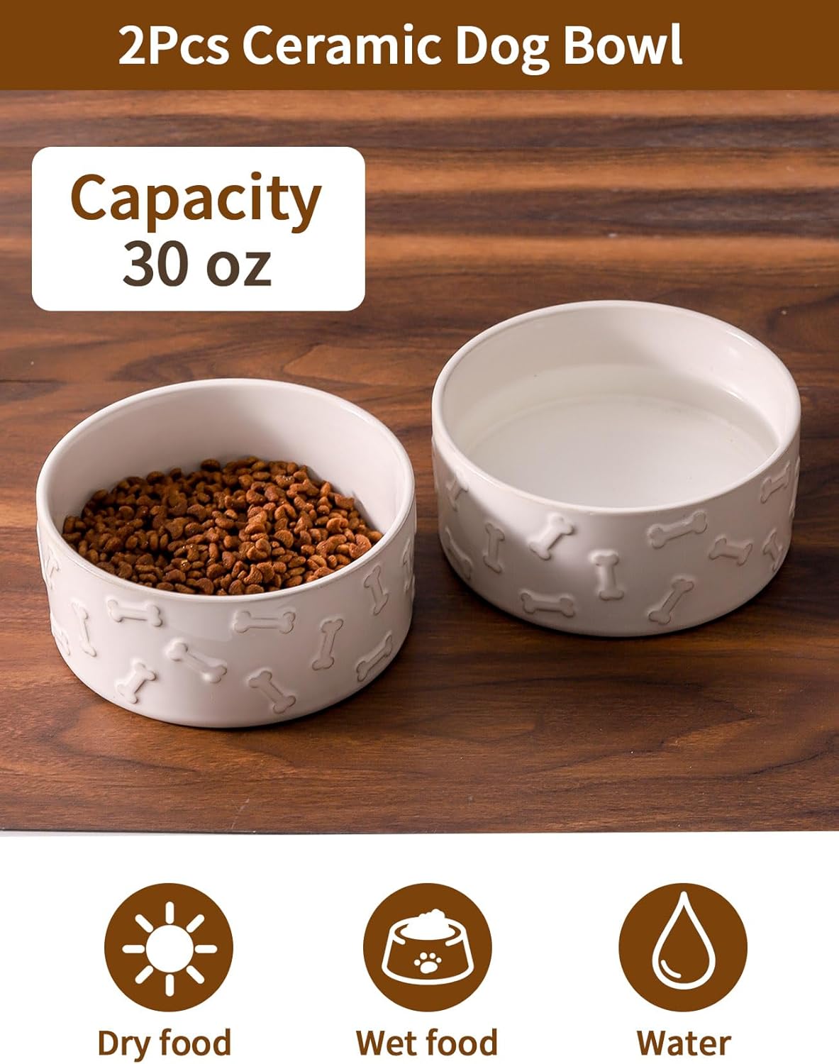 UBEE Ceramic Dog Bowl Set of 2, Dog Food Bowl Dish, Pet Food Water Dish Feeding for Small and Meidum Dogs and Large Cat, White, Bone Pattern, 6.1 in-Medium