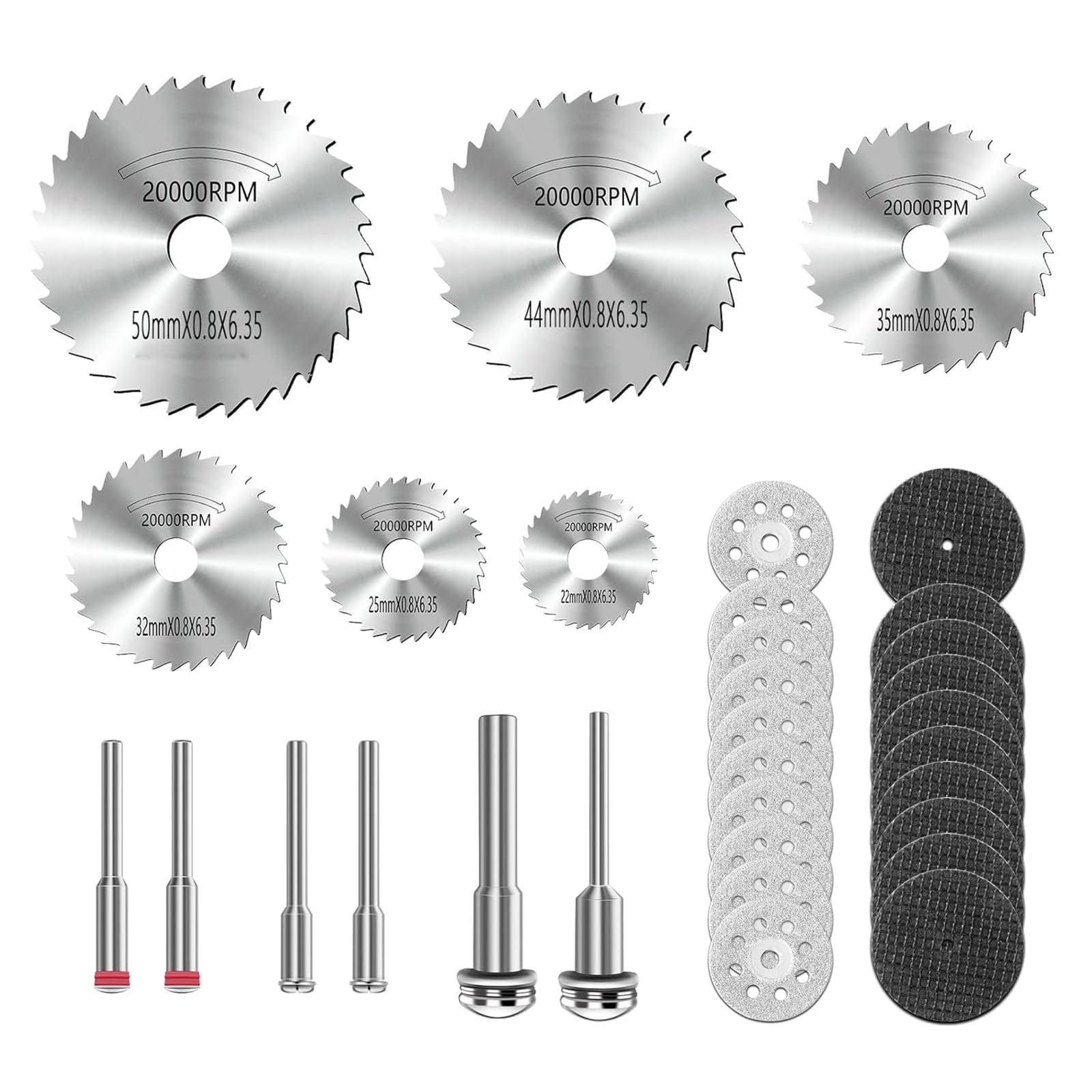 Zestaw 32 tarcz tnących do Dremel i innych narzędzi obrotowych, w tym ostrza HSS, tarcze diamentowe i żywiczne, trzpienie 3 mm, do drewna, plastiku, miękkiego metalu, kamienia, włókna szklanego