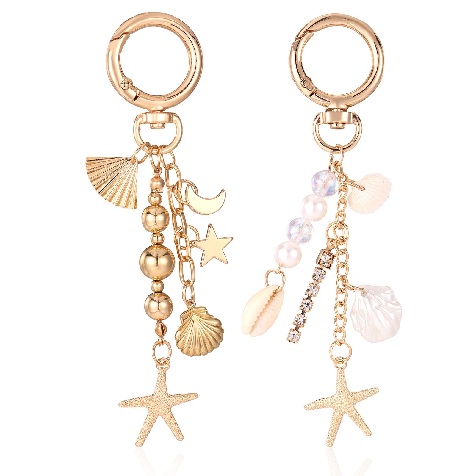 Mikovivi 2pcs Beach Keychains for Women, Gold Plated Starfish Shell Key Chains Beach Bag Charms with Coastal Theme Accessories for Your Summer Travel Bag (2 Styles)