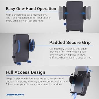 ARKON Mounts Mega Grip Universal Phone Holder | Securely Holds Phones 3.5 Wide | Fit to Pedestals Dual-T Compatible | Compatible with iPhone, Samsung, Google, and More