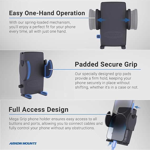 ARKON Mounts Mega Grip Universal Phone Holder | Securely Holds Phones 3.5 Wide | Fit to Pedestals Dual-T Compatible | Compatible with iPhone, Samsung, Google, and More