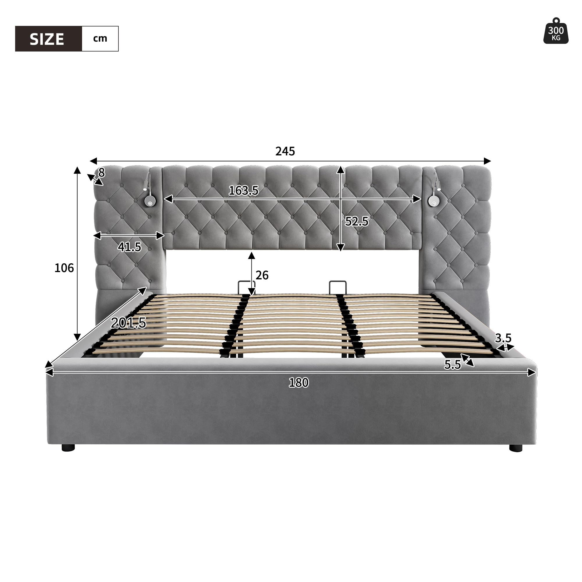 Cama Tapizada 180x200, Cama Doble con LED iluminación y Espacio de Almacenamiento, Hidráulica Modern Cama Matrimonio Juvenil con Cabecero Ancho y Suave y Somier, Gris, Terciopelo, Sin Colchón
