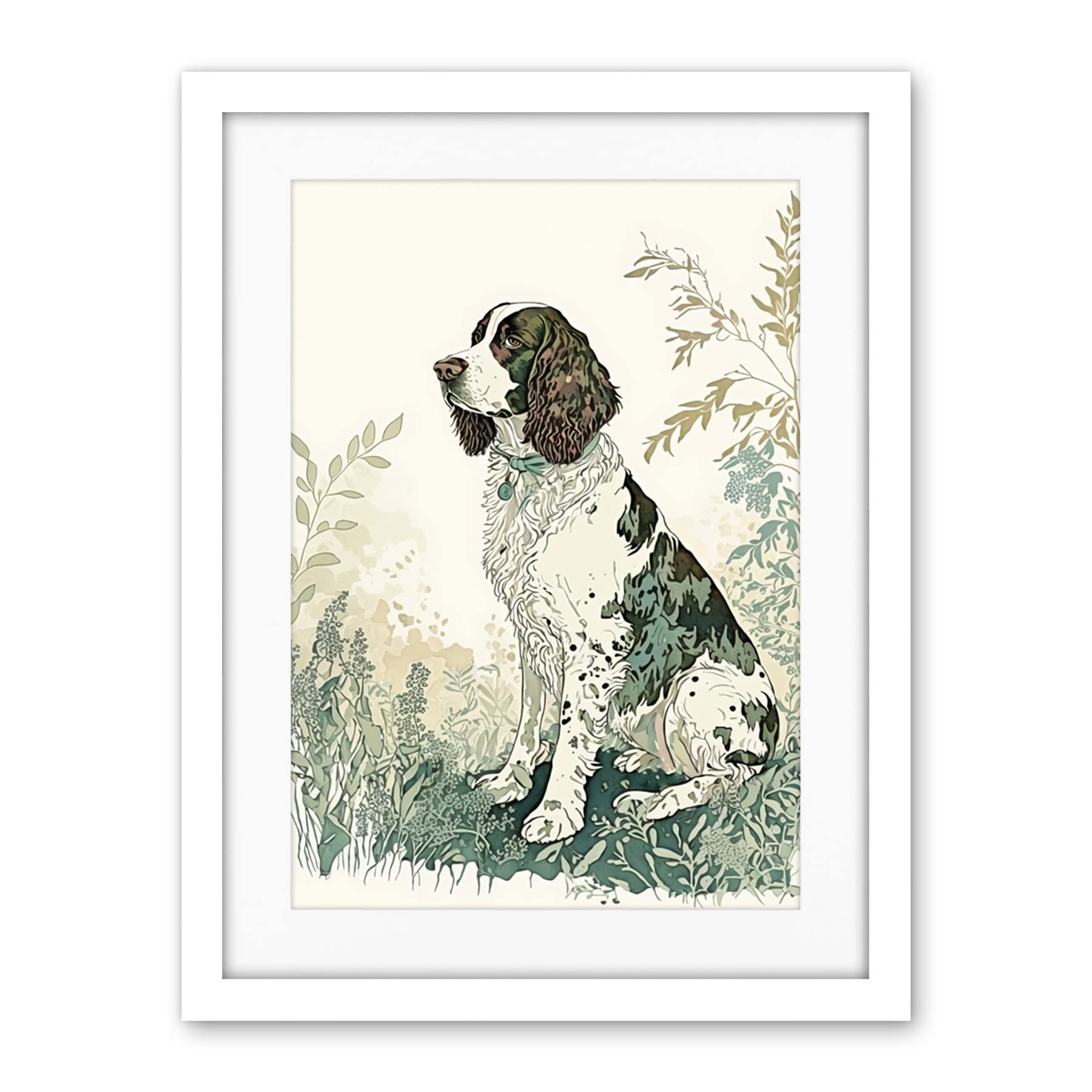 Artery8 English Springer Spaniel Dog in Field Modern Pastel Watercolour Illustration Artwork Framed Wall Art Print 18X24 Inch