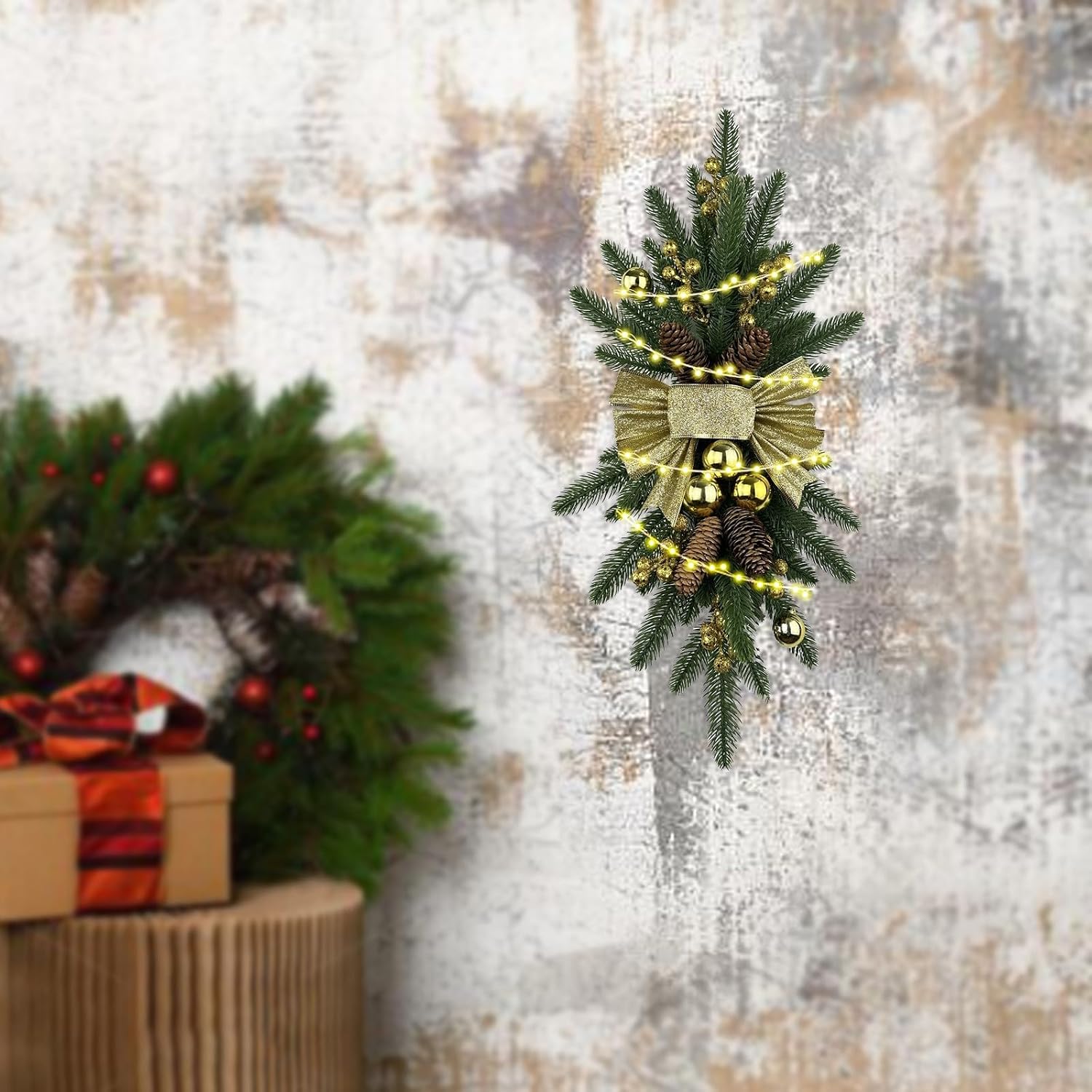 Prelit Christmas Stairs Swag,Christmas Garland,The Cordless Prelit Stairway Swag Trim,Christmas Wreaths for Front Door,Christmas Swags for Decorating Outdoor Indoor Home Decor