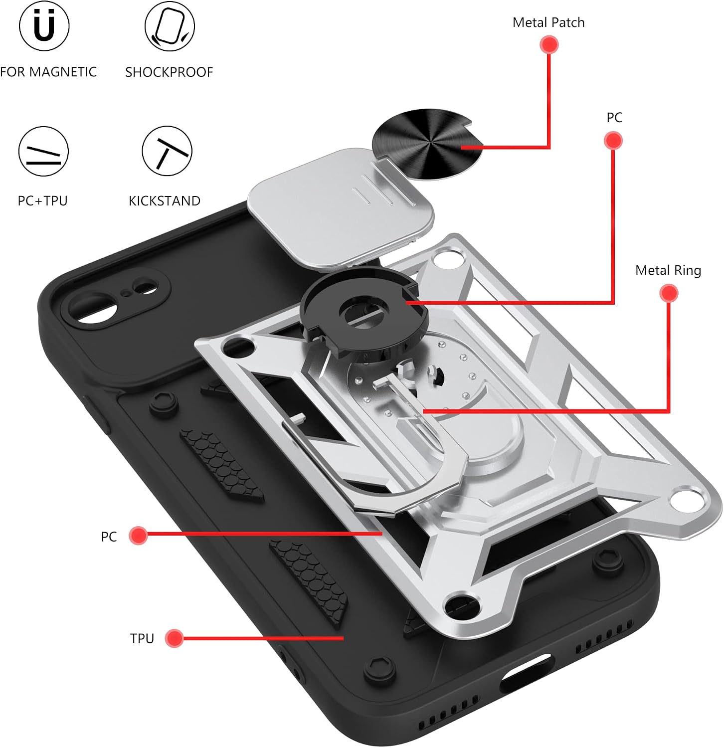 VAKS Designed for iPhone SE 2022 Case/iPhone SE 2020 Case,iPhone 7 8 Case 4.7 inch,Heavy Duty Protective Case with [Ring Kickstand] [Sliding Camera Cover],Silver