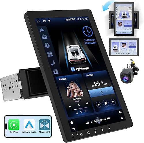 Estéreo de coche con pantalla táctil giratoria de 10.1 pulgadas, Android 13, inalámbrico CarPlay/Android Auto, CPU de 4 núcleos, 2GB+32GB,
