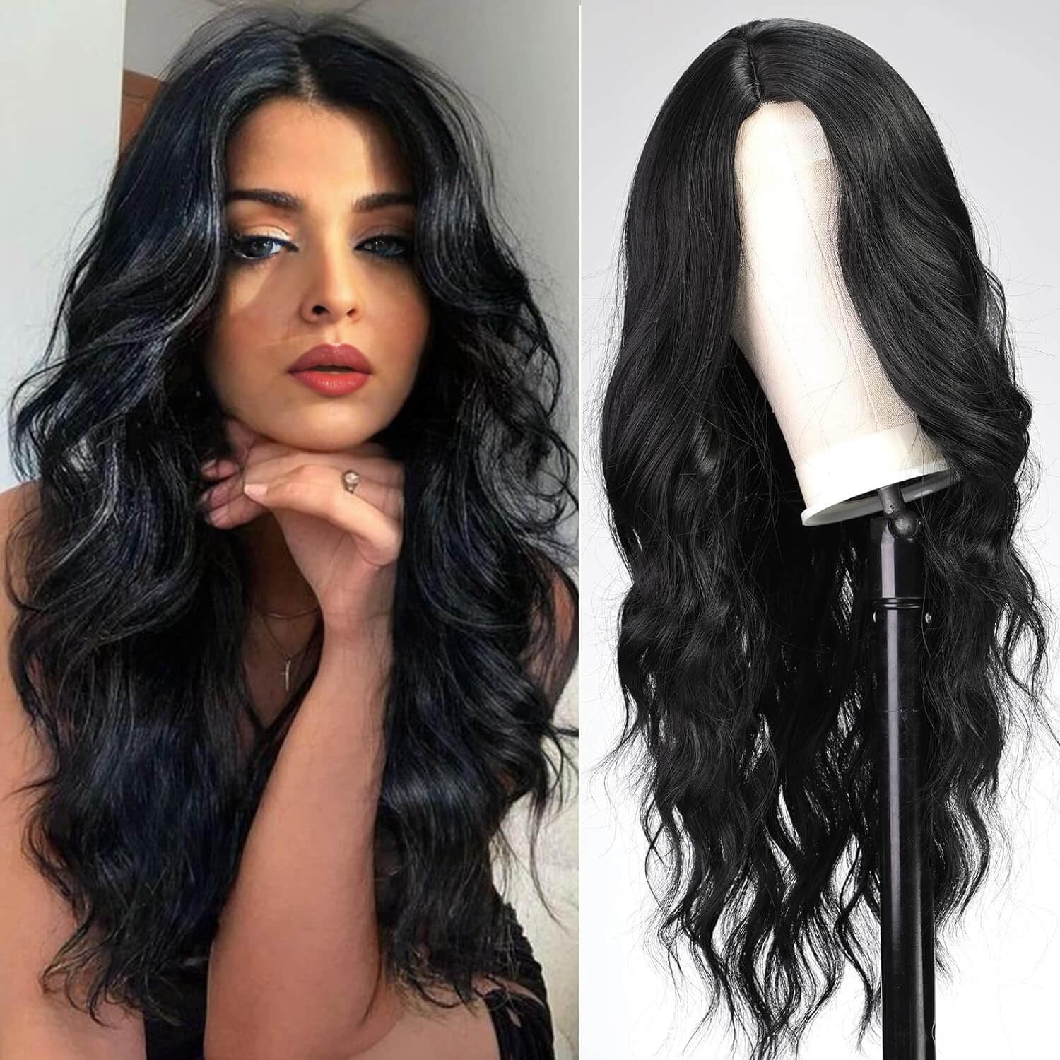 QUEENTAS 24 Inch Long Black Wigs for Women Natural Hair Wavy Curly Wig Cosplay Synthetic Hair Wig