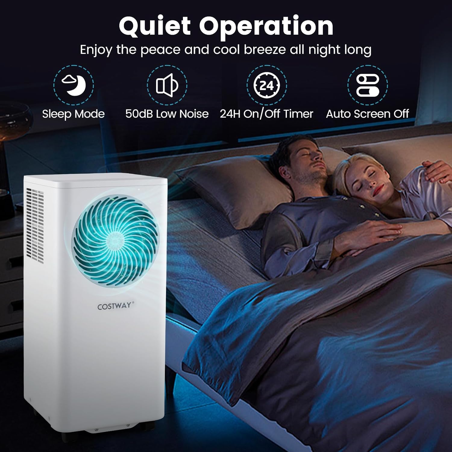 Image of the air conditioner operating in a bedroom with sleep mode features highlighted
