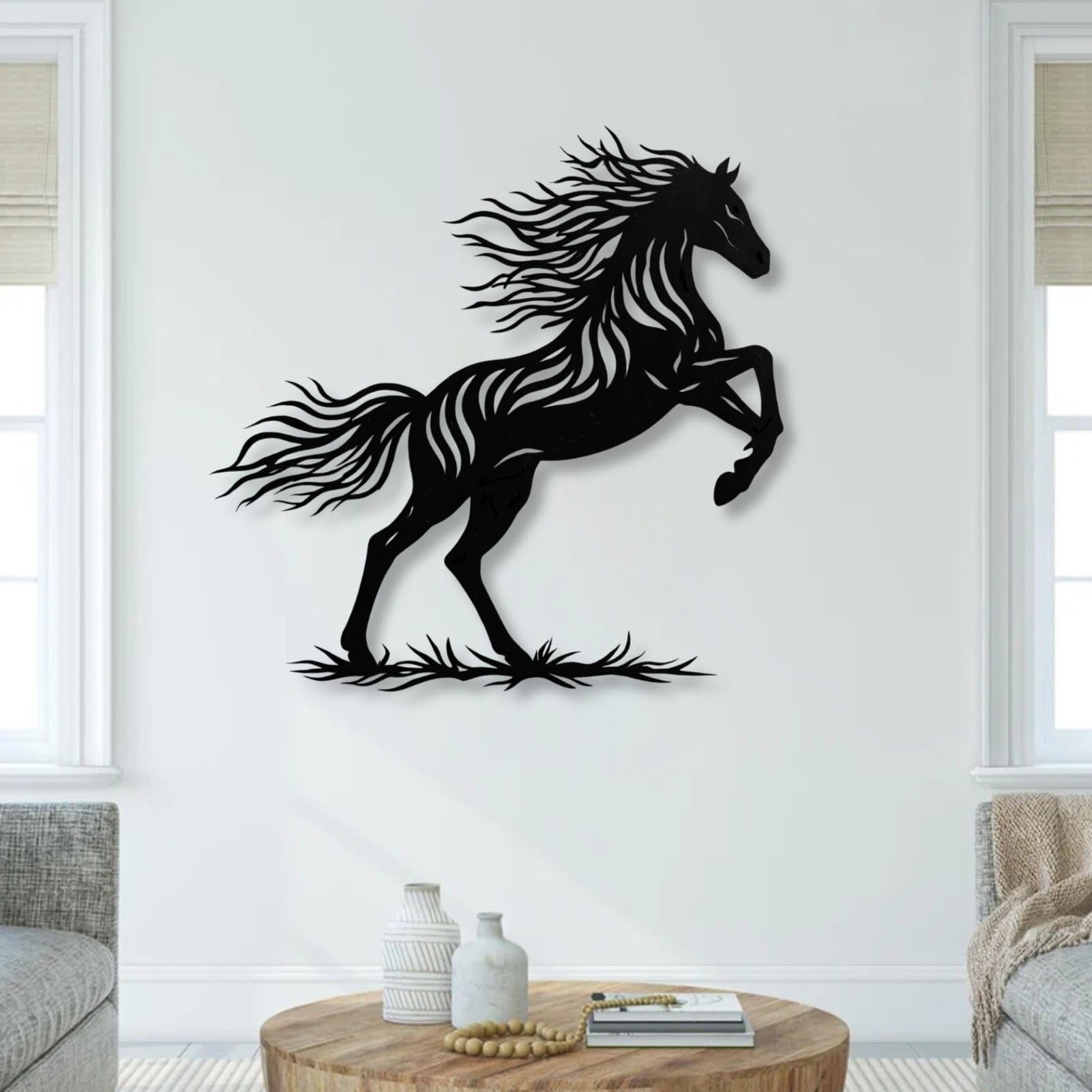 Schwarzes Metallpferd als Wandbild für Wildtiere, Wanddekoration im Landhausstil, Wanddeko für Schlafzimmer, Wohnzimmer, Flur und Treppenhaus, Natur-Wohndeko (Schwarz, 35" × 3")
