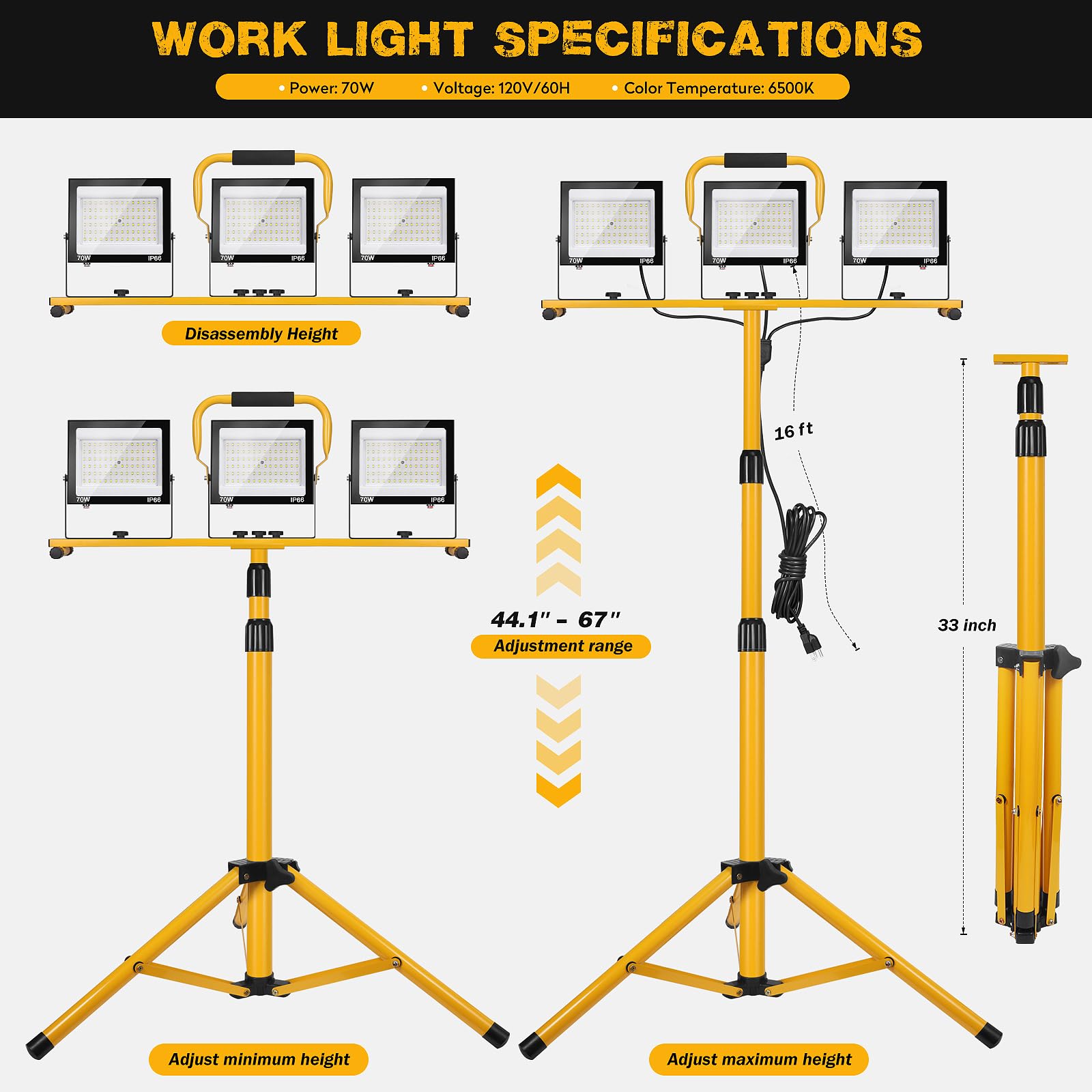 21000Lumen LED Work Lights with Stand 3 Head Portable Work Light with 16ft Cord Ip66 Waterproof Tripod Outdoor — view 2