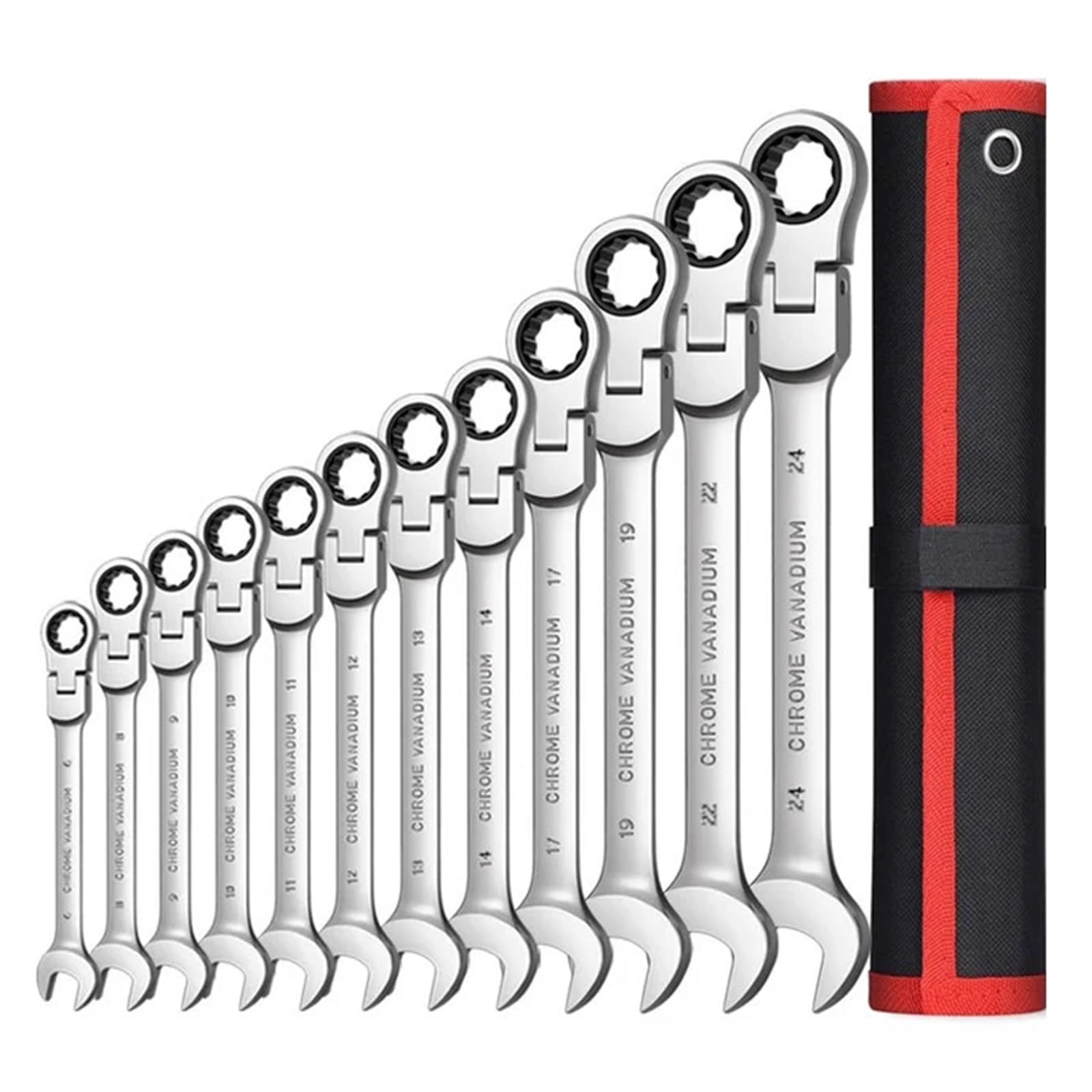 Zestaw 12 Kluczy Grzechotkowych Flex-Head, Metryczne Klucze Płasko-oczkowe Z Grzechotką, CR-V Gear Spanner Torbą Organizacyjną Dobre Wykonanie Wszechstronne Zastosowanie(12pcs(6-24mm))