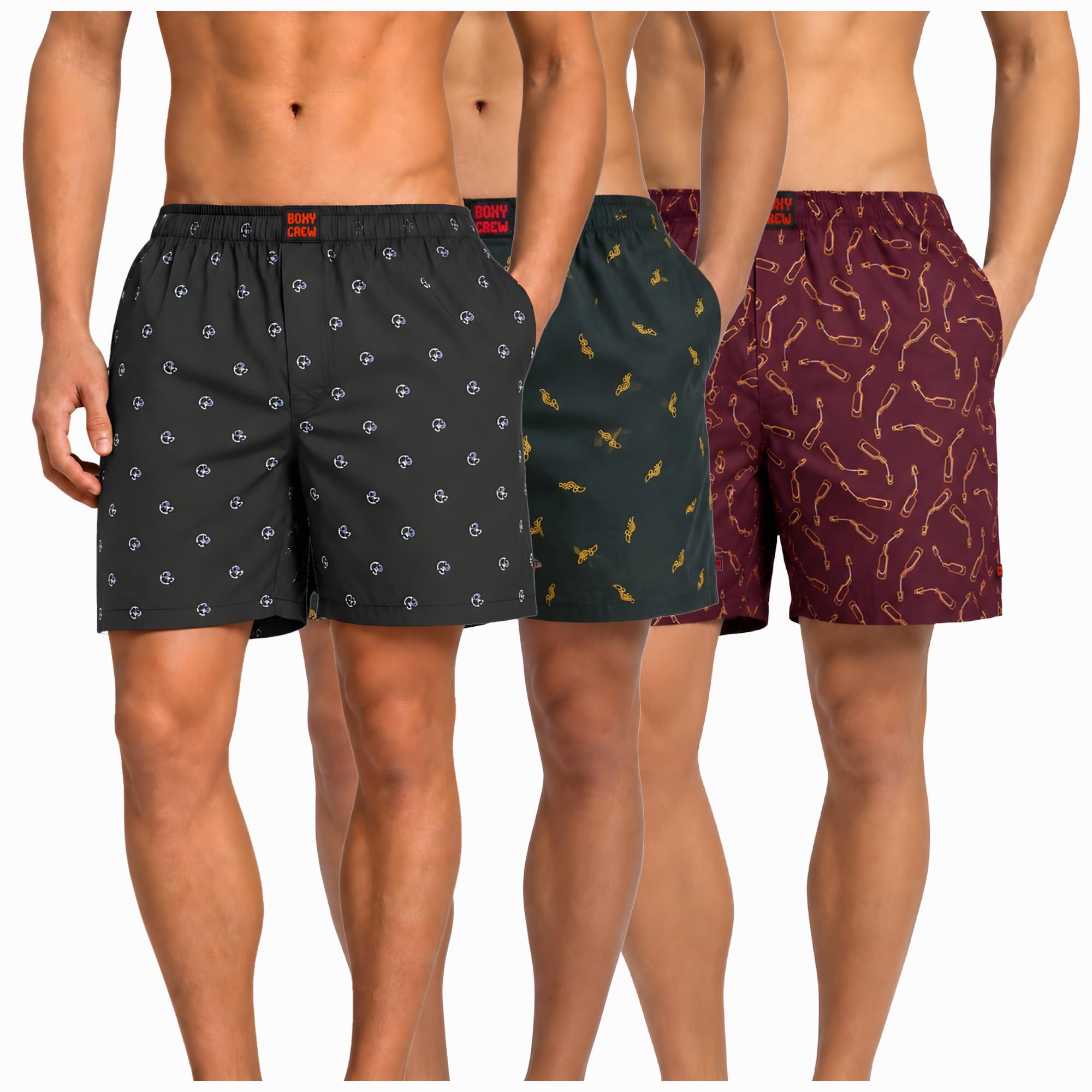 Men's 100% Cotton Boxer Shorts Pack of 3, Navy Blue, Dark Teal & Maroon | Woven Boxers with Side Pockets, No-Marks Elastic Waistband, Breathable Relaxed Fit | Style 009-010-014-image-7
