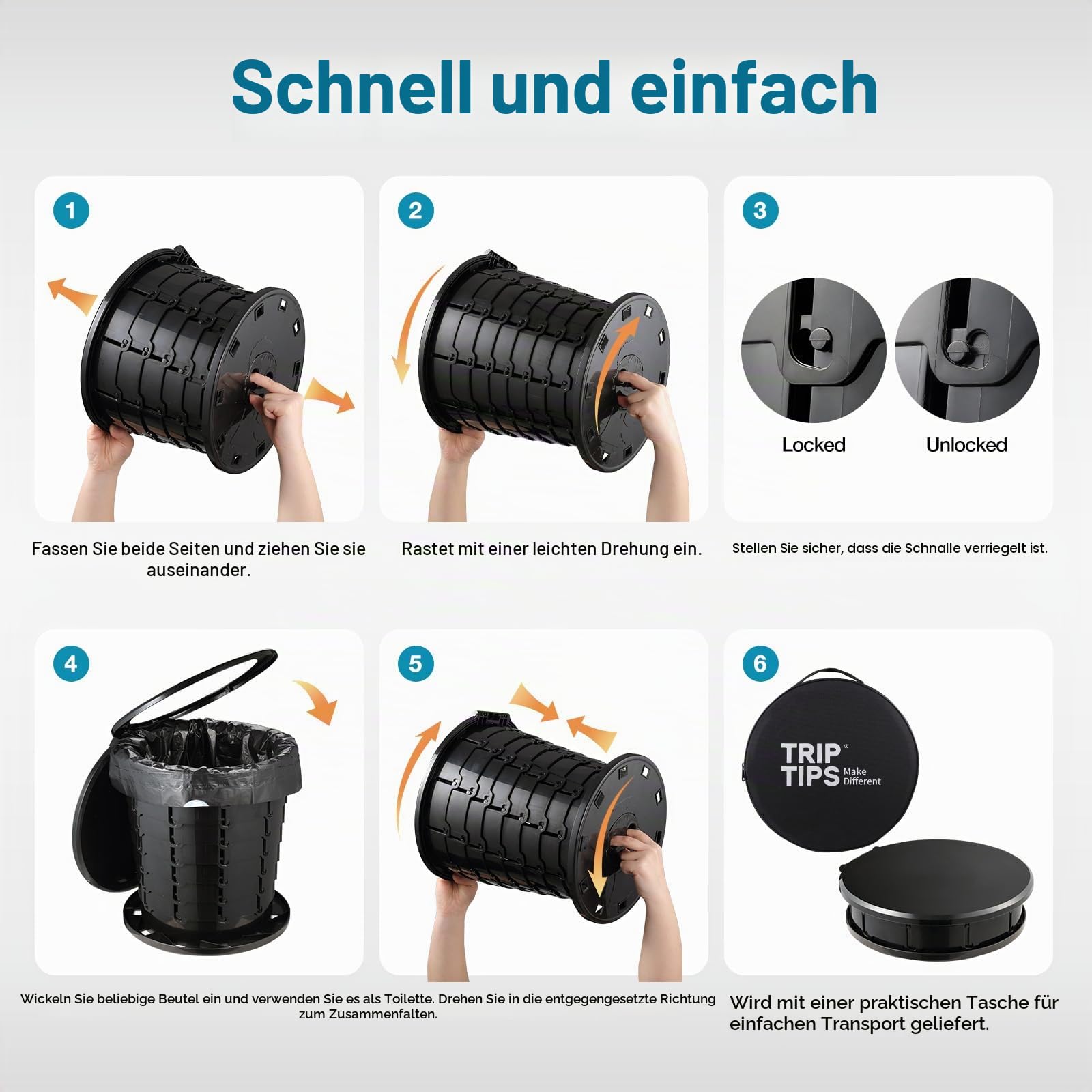 Triptips Reisetoilette, ausziehbar, tragbar, höhenverstellbar, für Erwachsene, Kinder, zusammenfaltbar, für Camping/Auto
