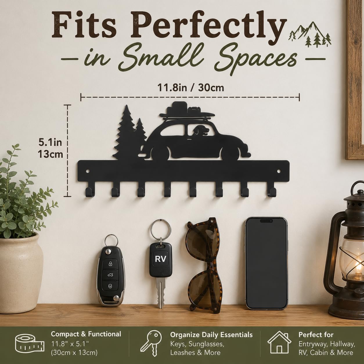 RV Decor Key Holder for Wall, Camper Key Rack with 8 Hooks, Black