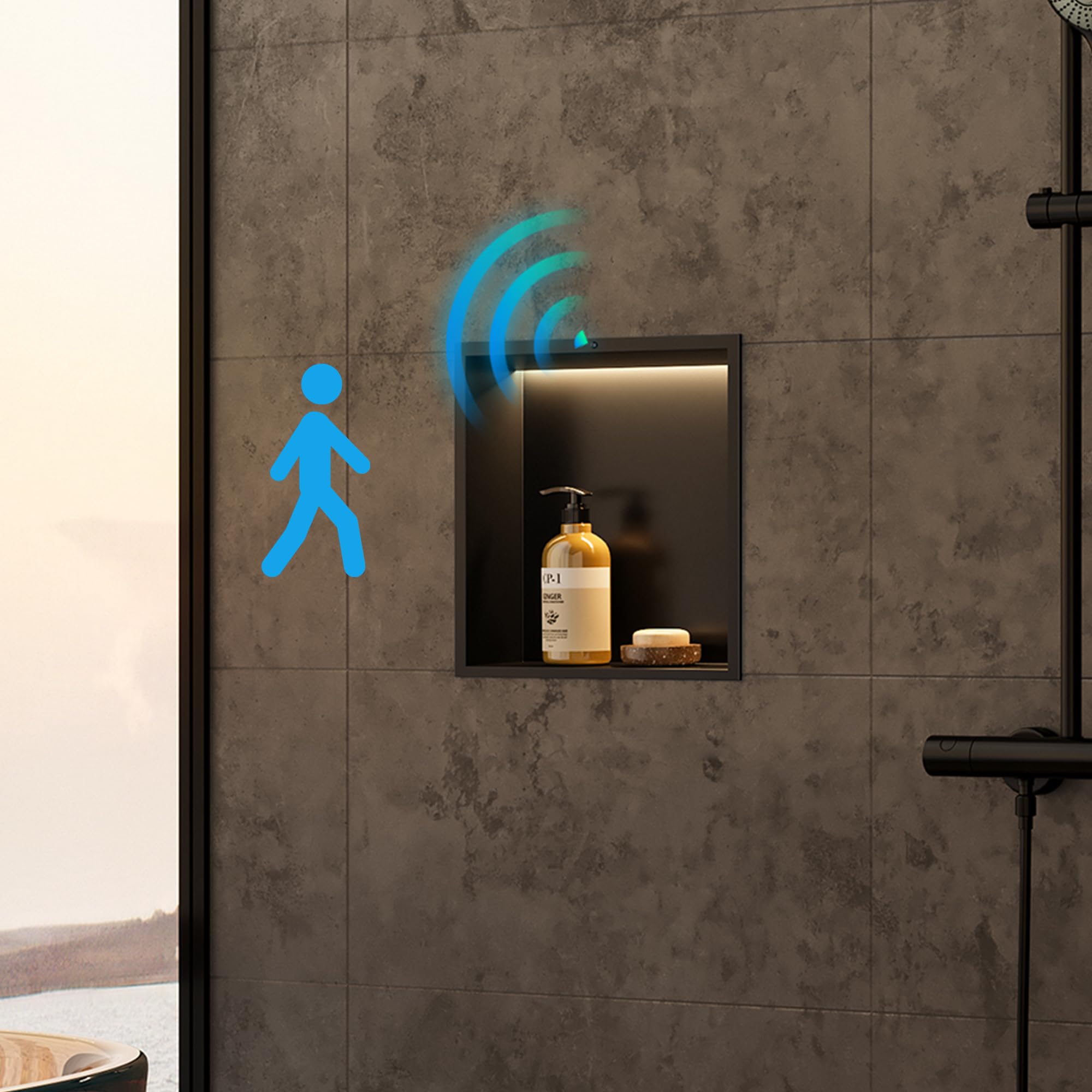 Qeke Stainless Steel Shower Niche 12" X 12", No Tile Needed Wall Niche with Non-Dimmable Led Strip &Motion Sensor, Recessed Shower Shelf for Bathroom