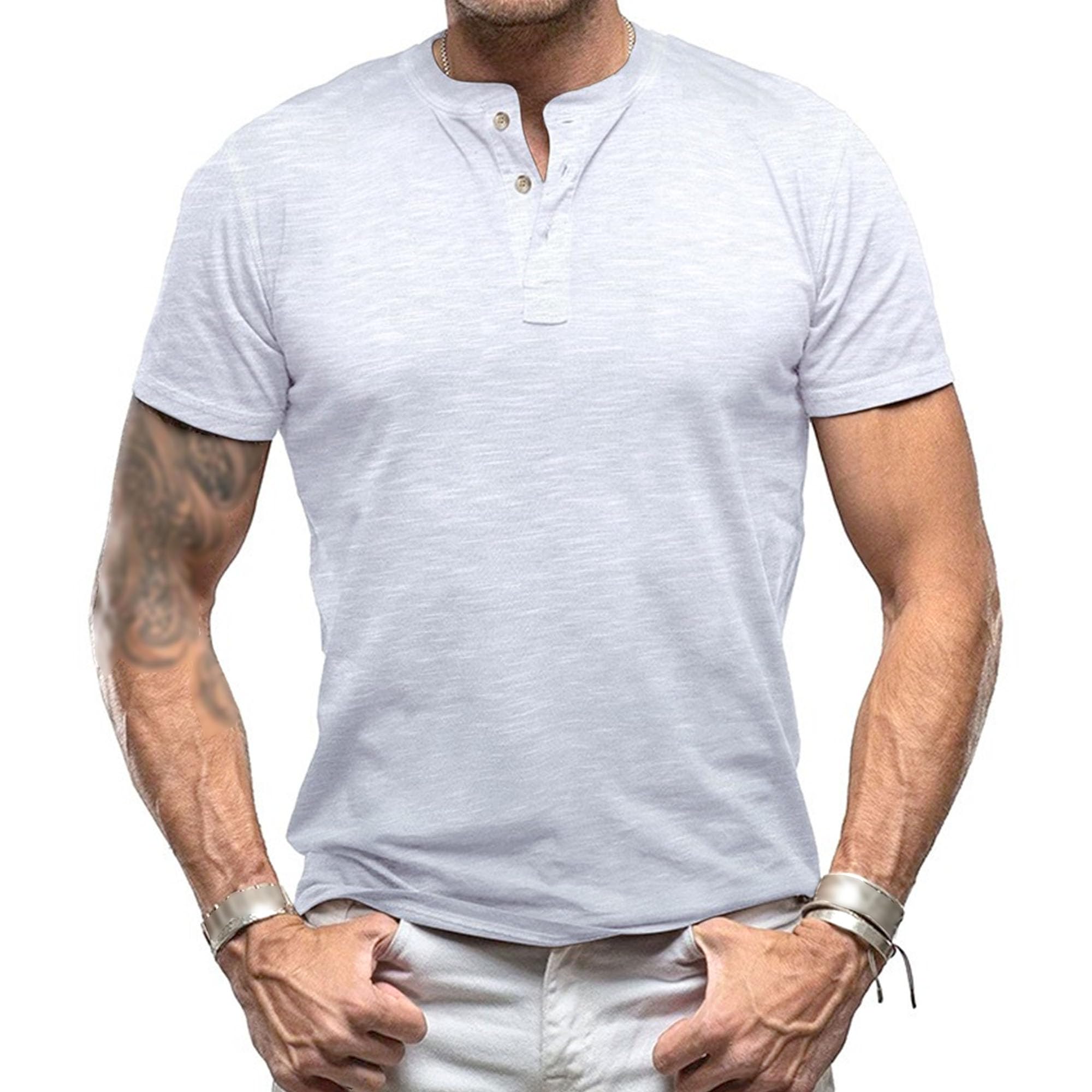 Zylphorix Men Solid Short Sleeve Henry Shirts Quarter Button Round Collar T Shirt Summer Street Outdoor Daily Pullover (White,X-Large)