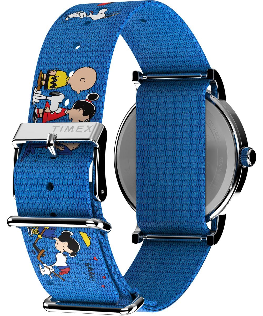 Timex Peanuts TW2W19400 - Orologio da donna da 38 mm, cinturino in tessuto blu con quadrante bianco e cassa argentata